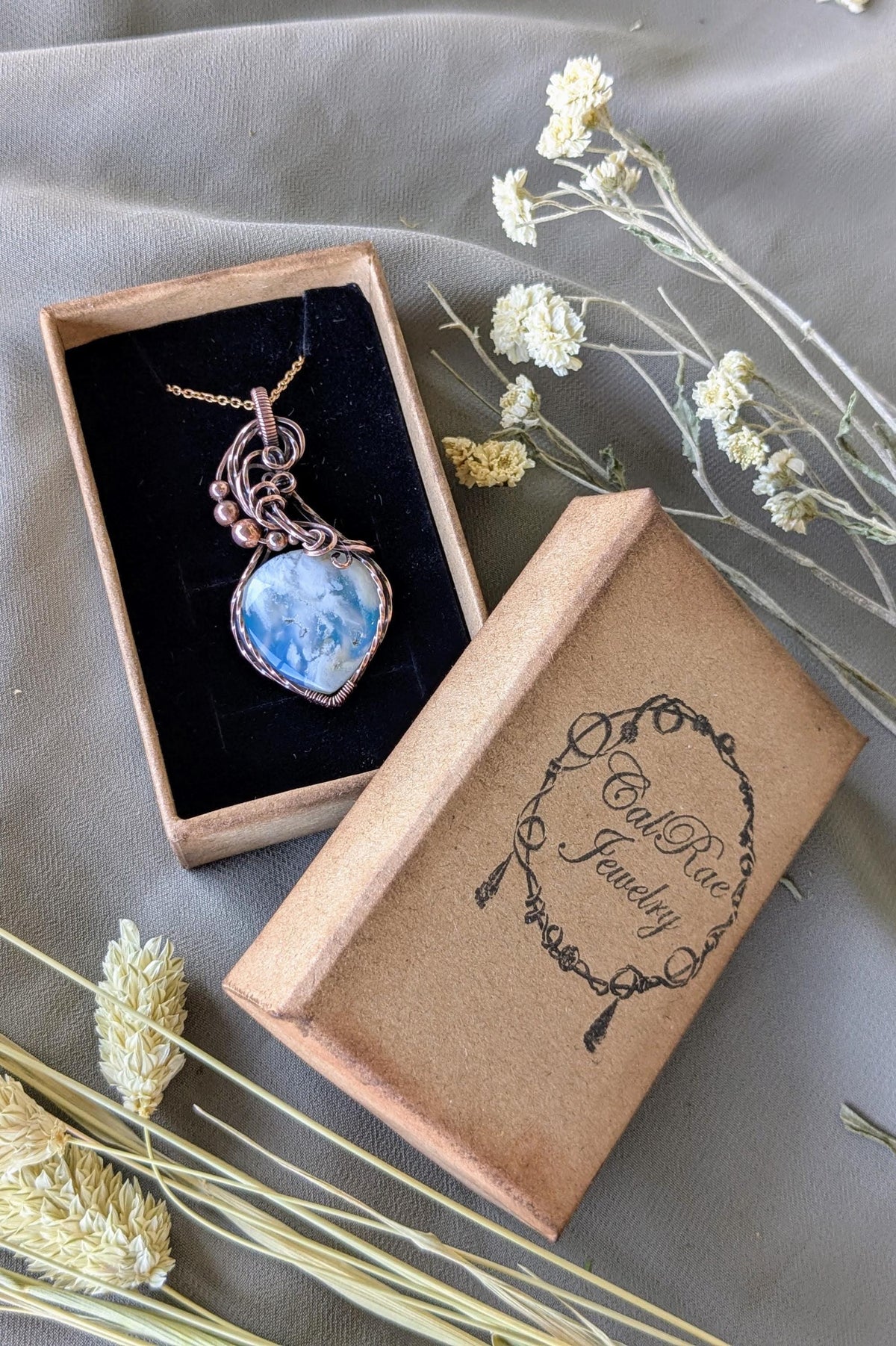 Copper Wire Wrapped Sky Agate Pendant