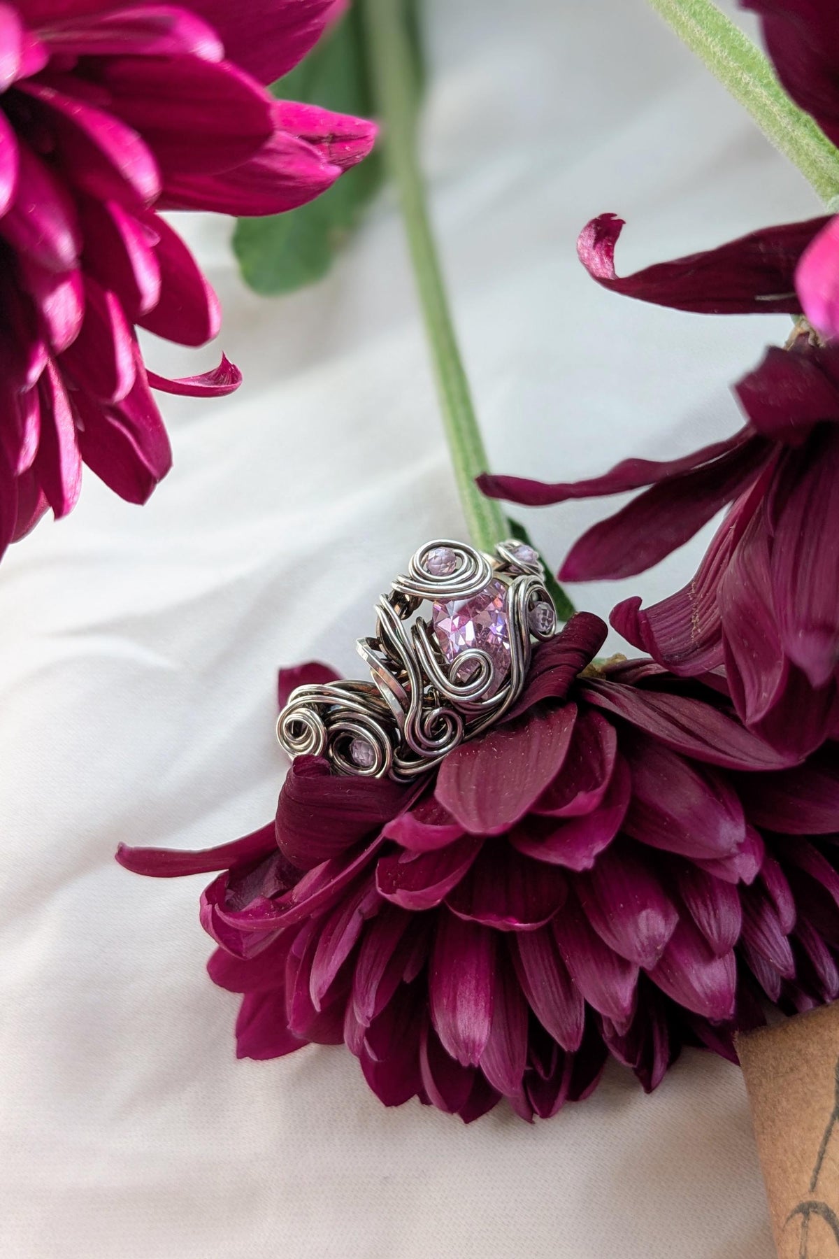 Pink Cubic Zirconia and Silver Filled Wire Wrap Ring
