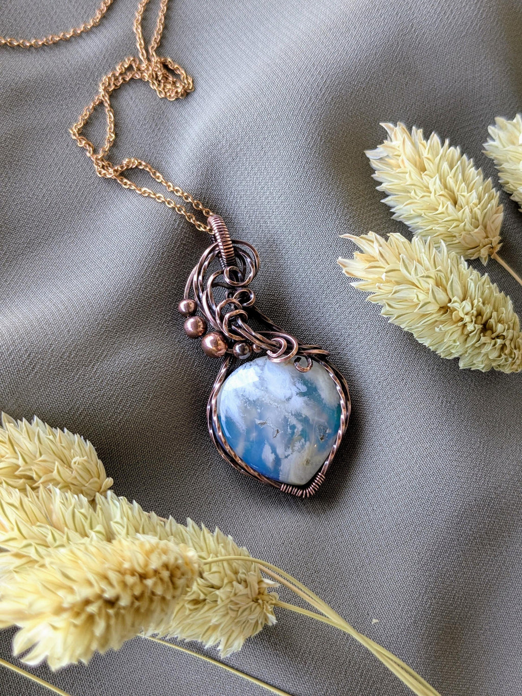 Copper Wire Wrapped Sky Agate Pendant