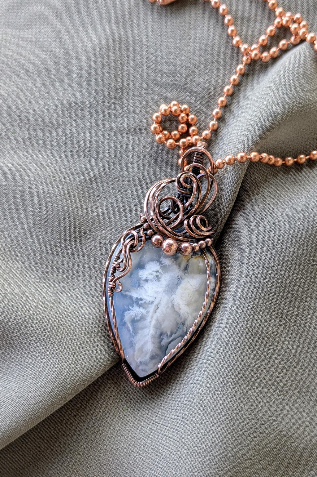 Raw Copper Wire Wrapped Stone Pendant, Oxidized Finish