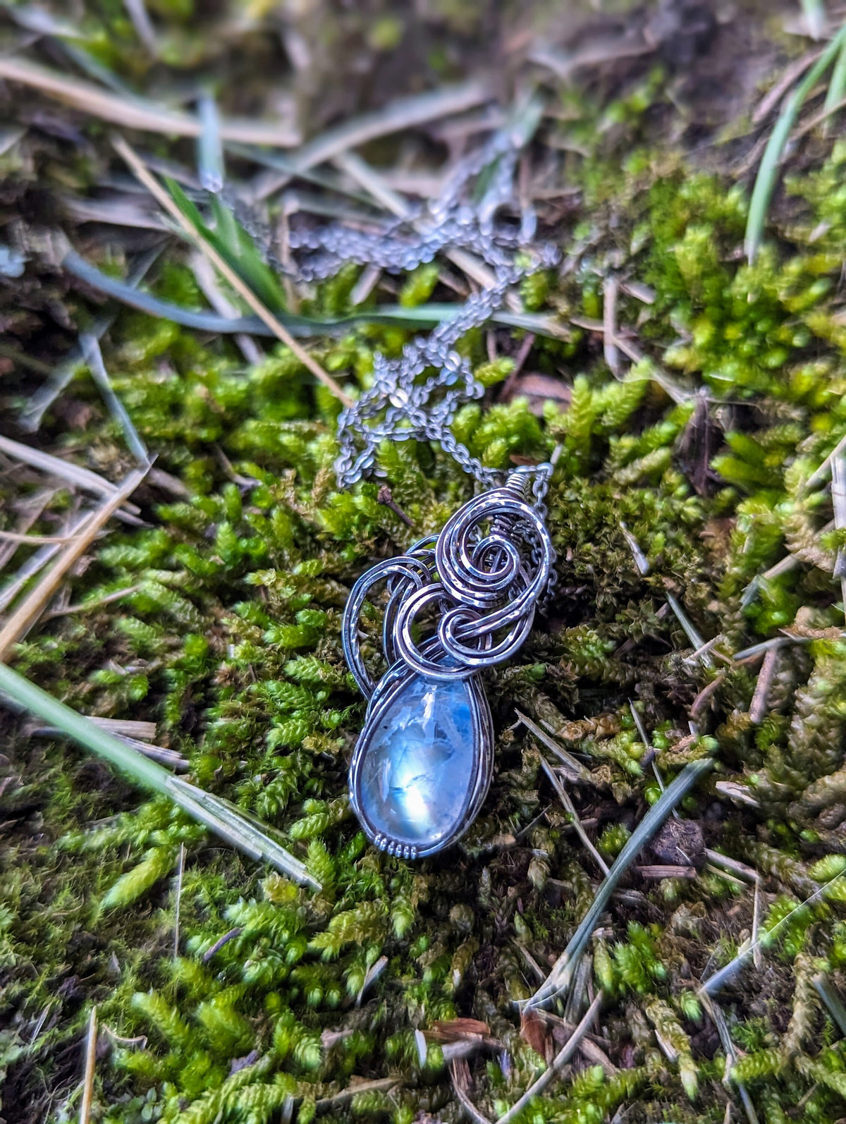 Moonstone and Silver Wire Wrap Necklace