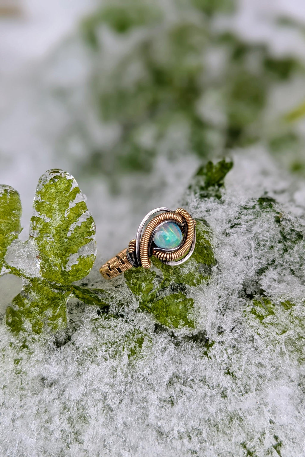 Handcrafted Opal Ring Wrapped in Gold Filled Wire and Sterling Silver Wire