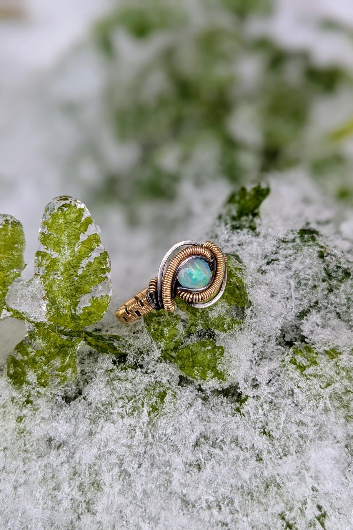 Handcrafted Opal Ring Wrapped in Gold Filled Wire and Sterling Silver Wire
