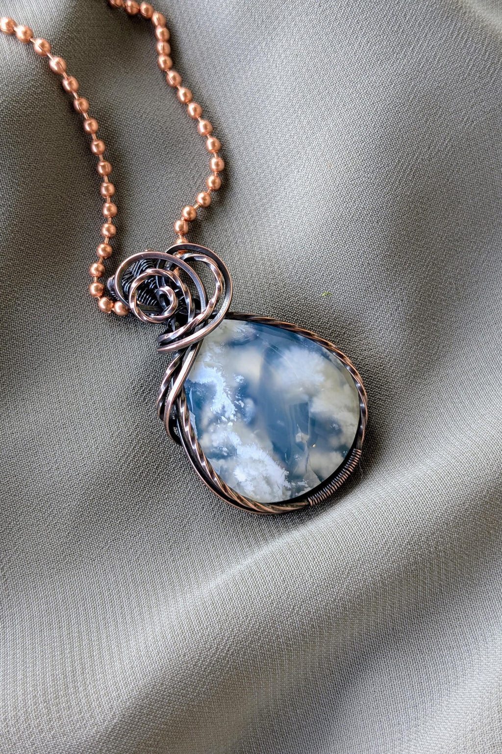 Sky Agate and Oxidized Copper Wire Wrapped Stone Pendant