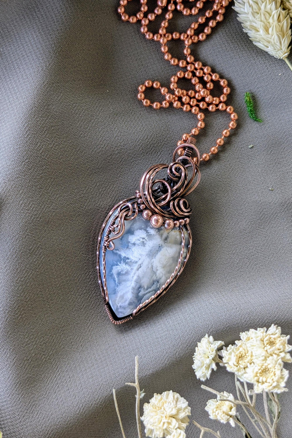 Raw Copper Wire Wrapped Stone Pendant, Oxidized Finish