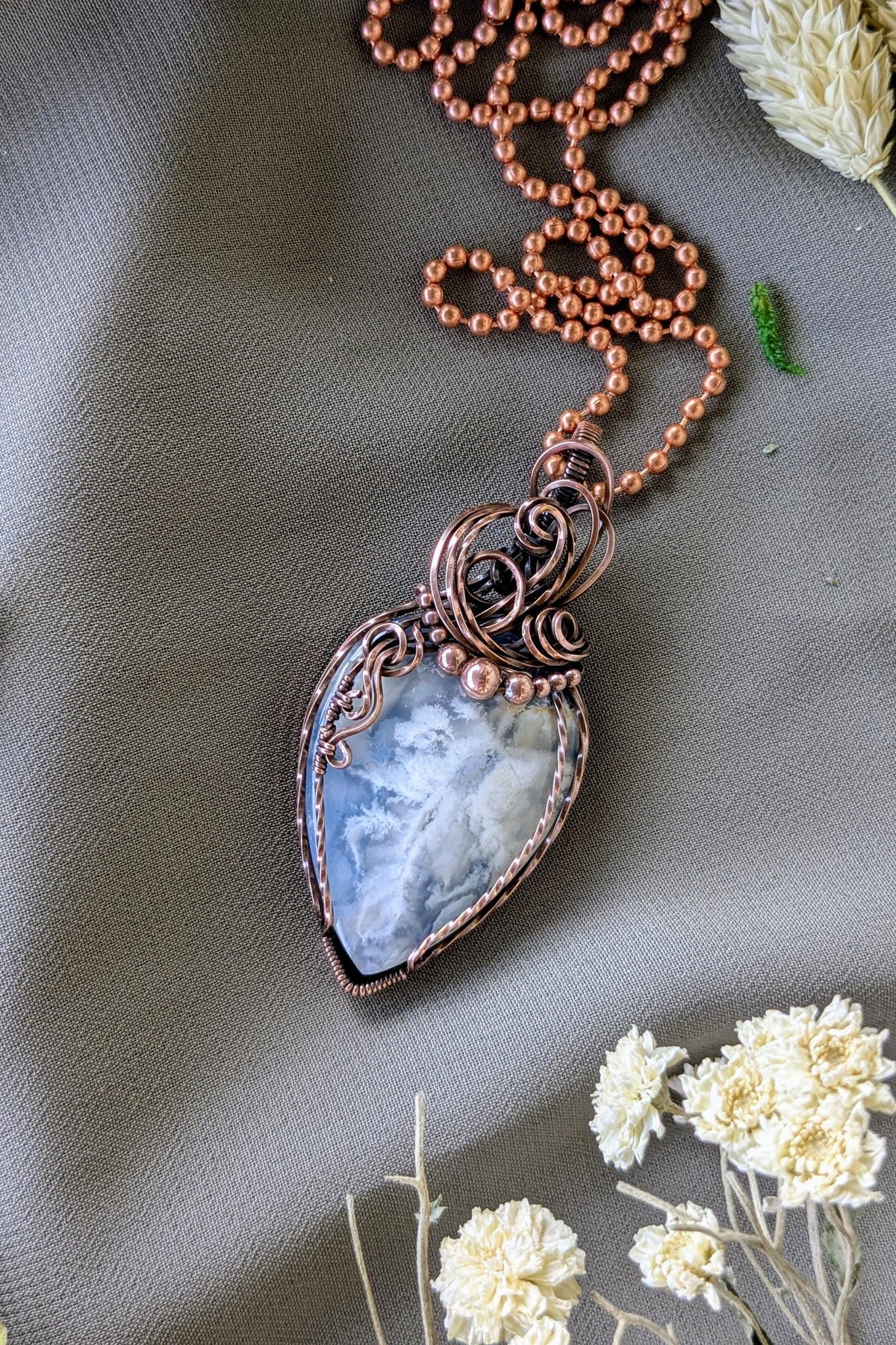 Raw Copper Wire Wrapped Stone Pendant, Oxidized Finish