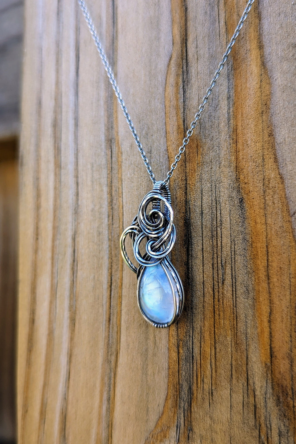 Moonstone and Silver Wire Wrap Necklace