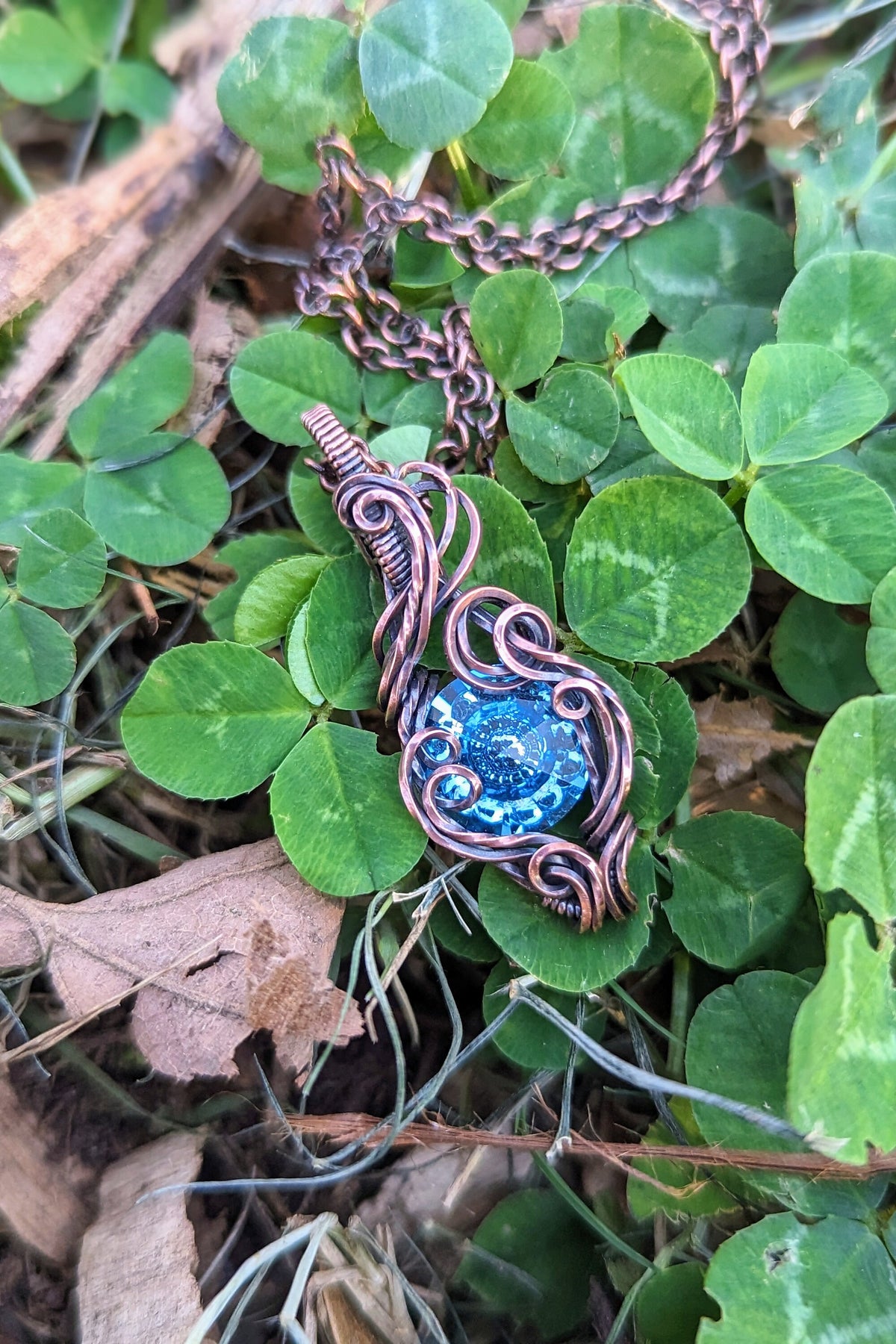 Blue Swarovski® Stone and Copper Wire Wrap Necklace