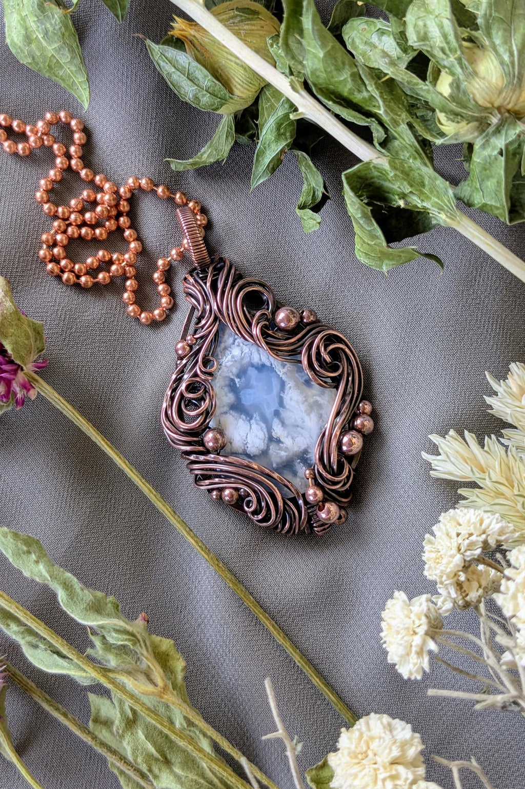 Copper Wire Agate Pendant: Swirling Wind Collage