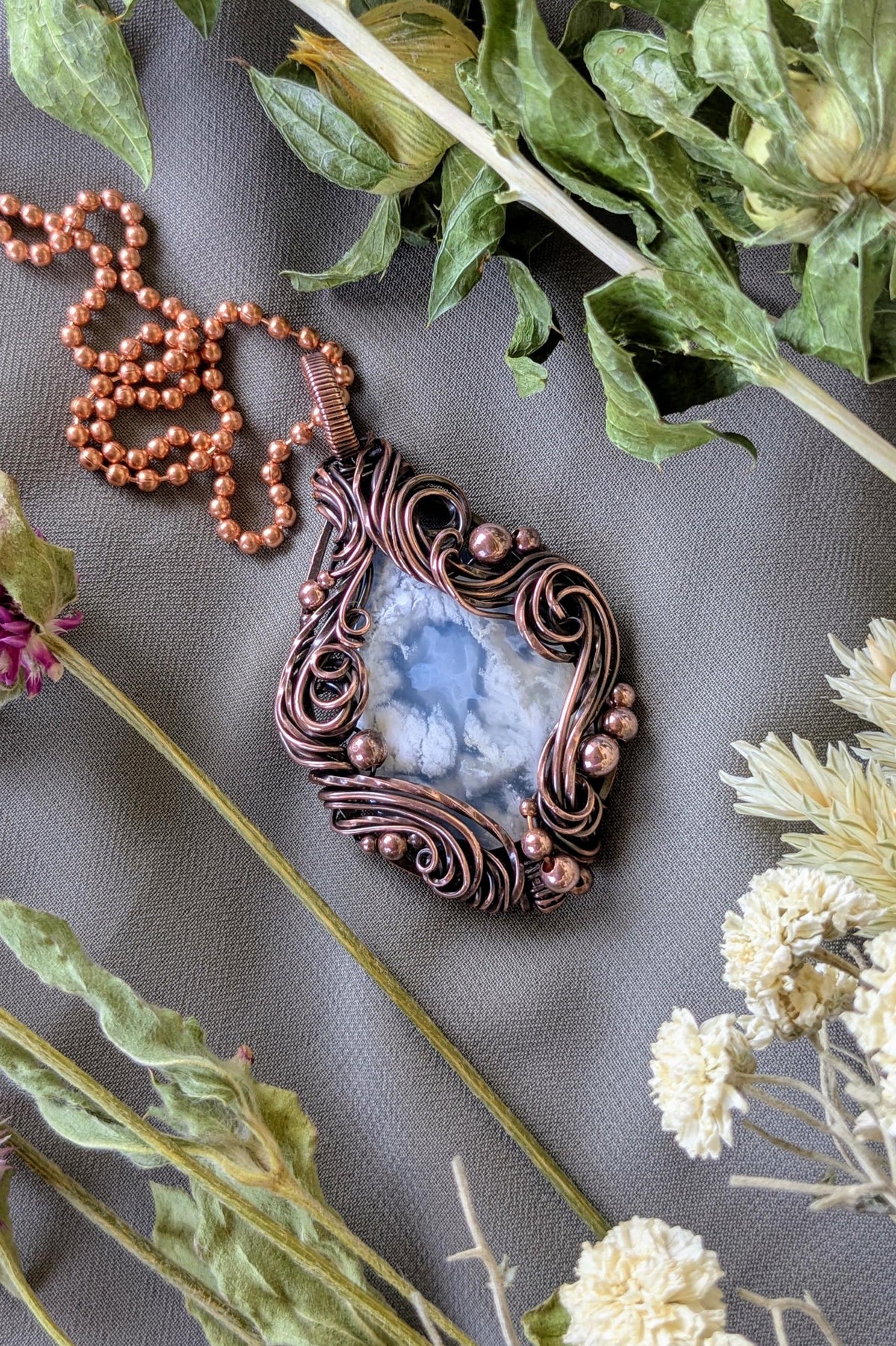 Copper Wire Agate Pendant: Swirling Wind Collage