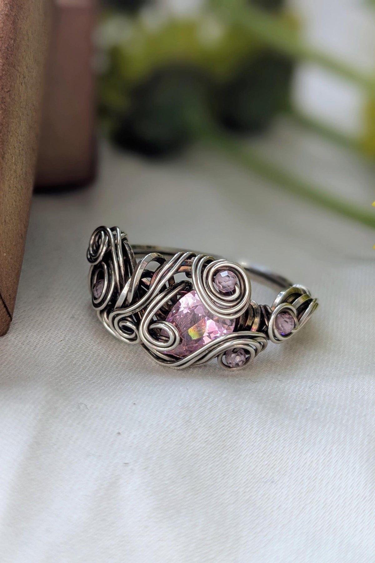 Pink Cubic Zirconia and Silver Filled Wire Wrap Ring