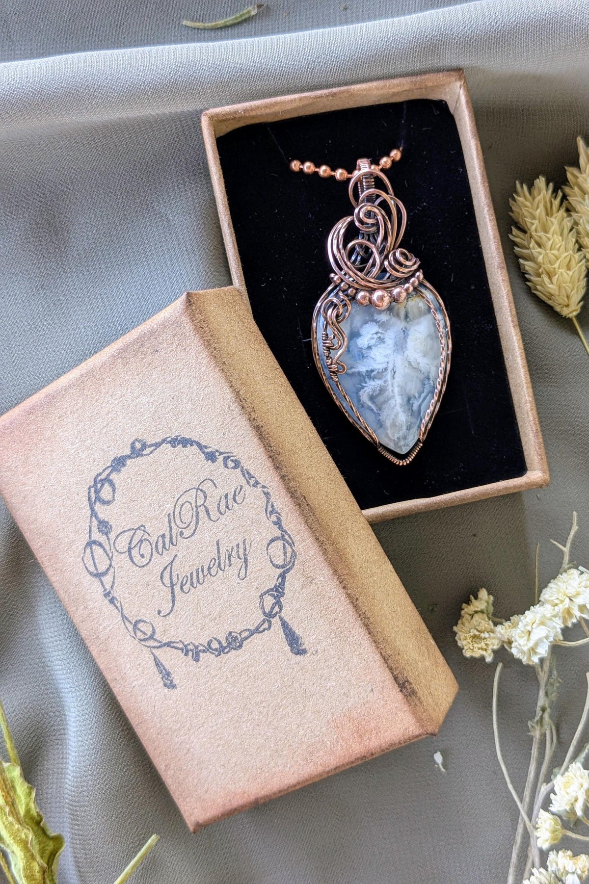 Raw Copper Wire Wrapped Stone Pendant, Oxidized Finish