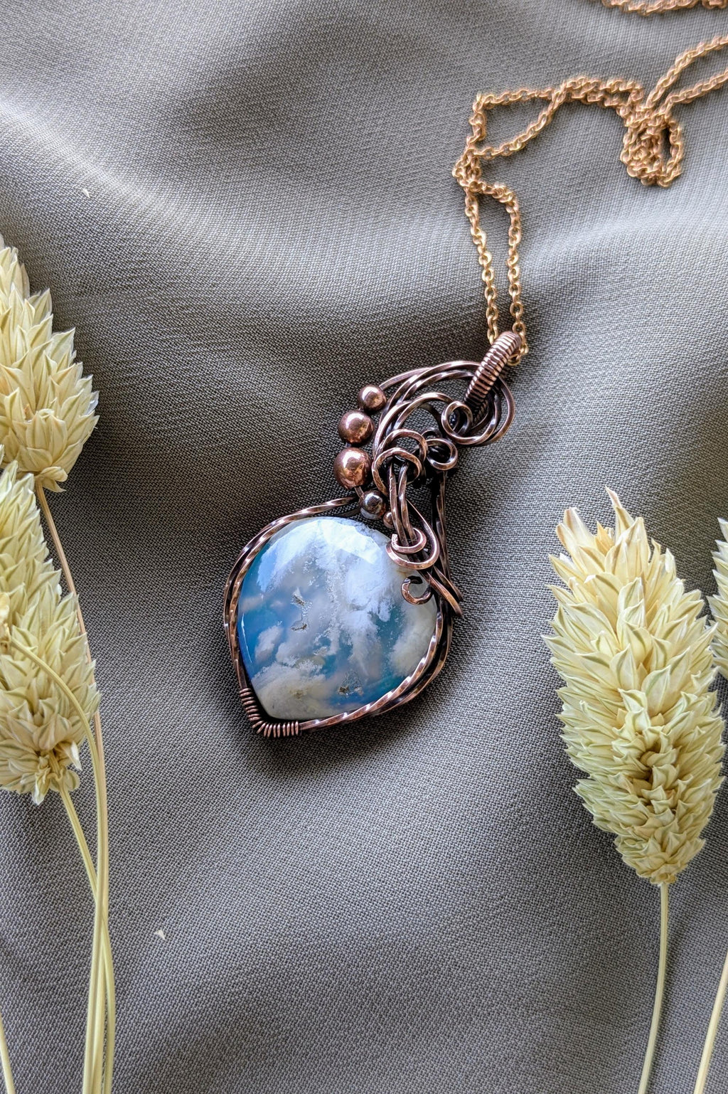 Copper Wire Wrapped Sky Agate Pendant