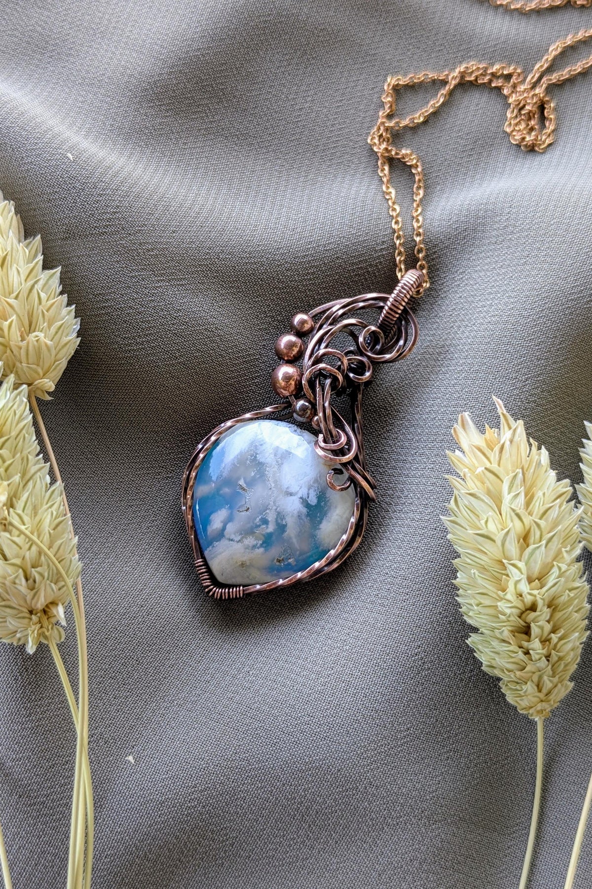 Copper Wire Wrapped Sky Agate Pendant