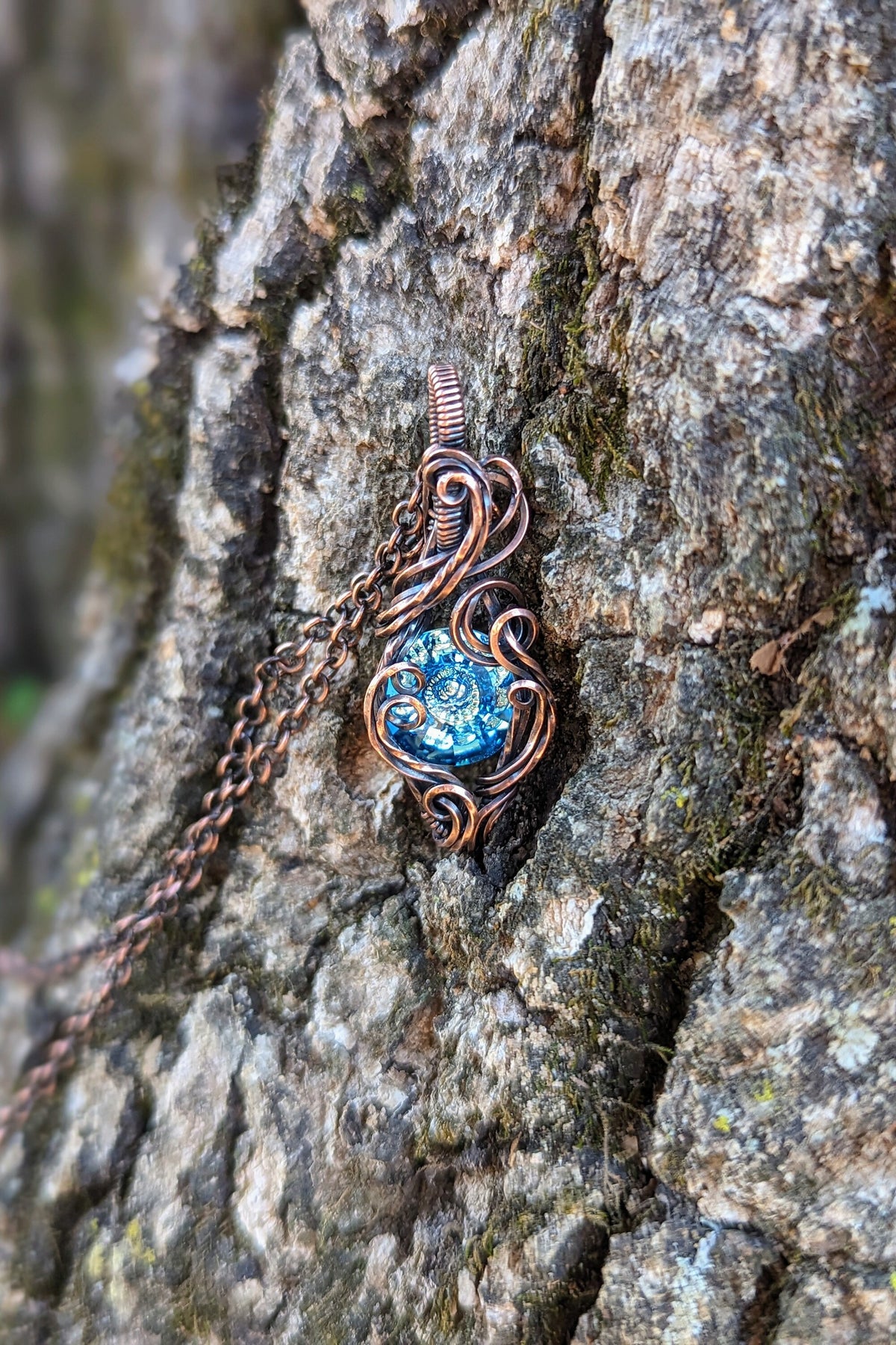 Blue Swarovski® Stone and Copper Wire Wrap Necklace