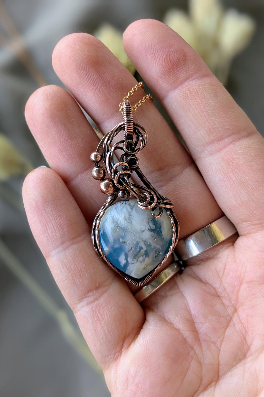Copper Wire Wrapped Sky Agate Pendant