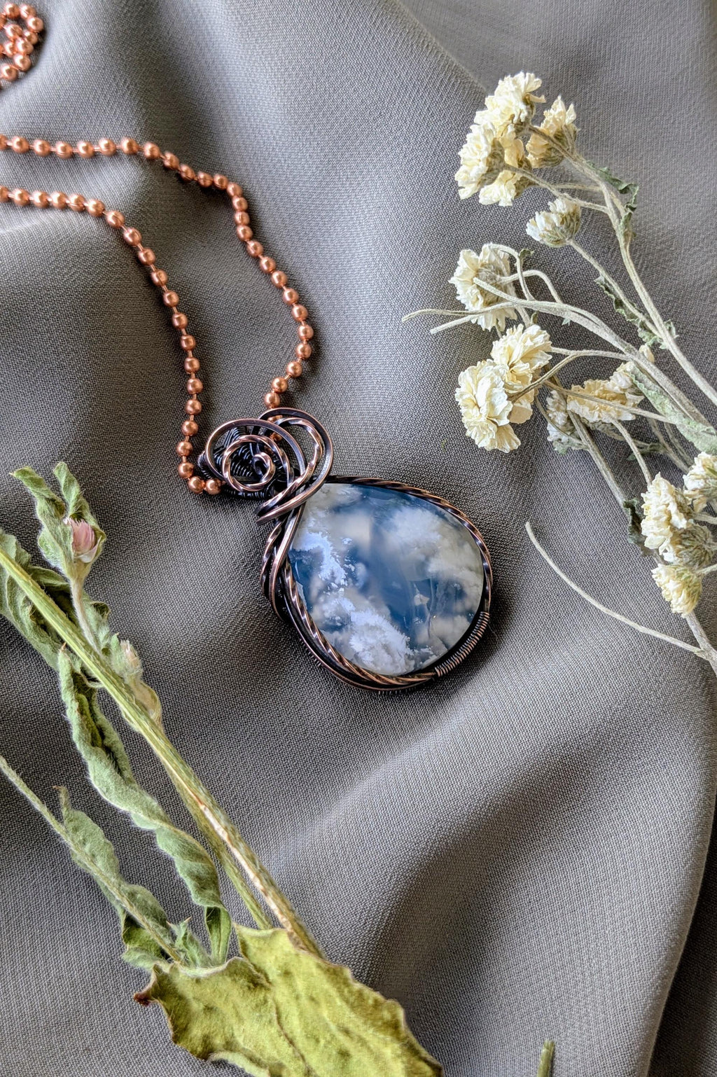 Sky Agate and Oxidized Copper Wire Wrapped Stone Pendant