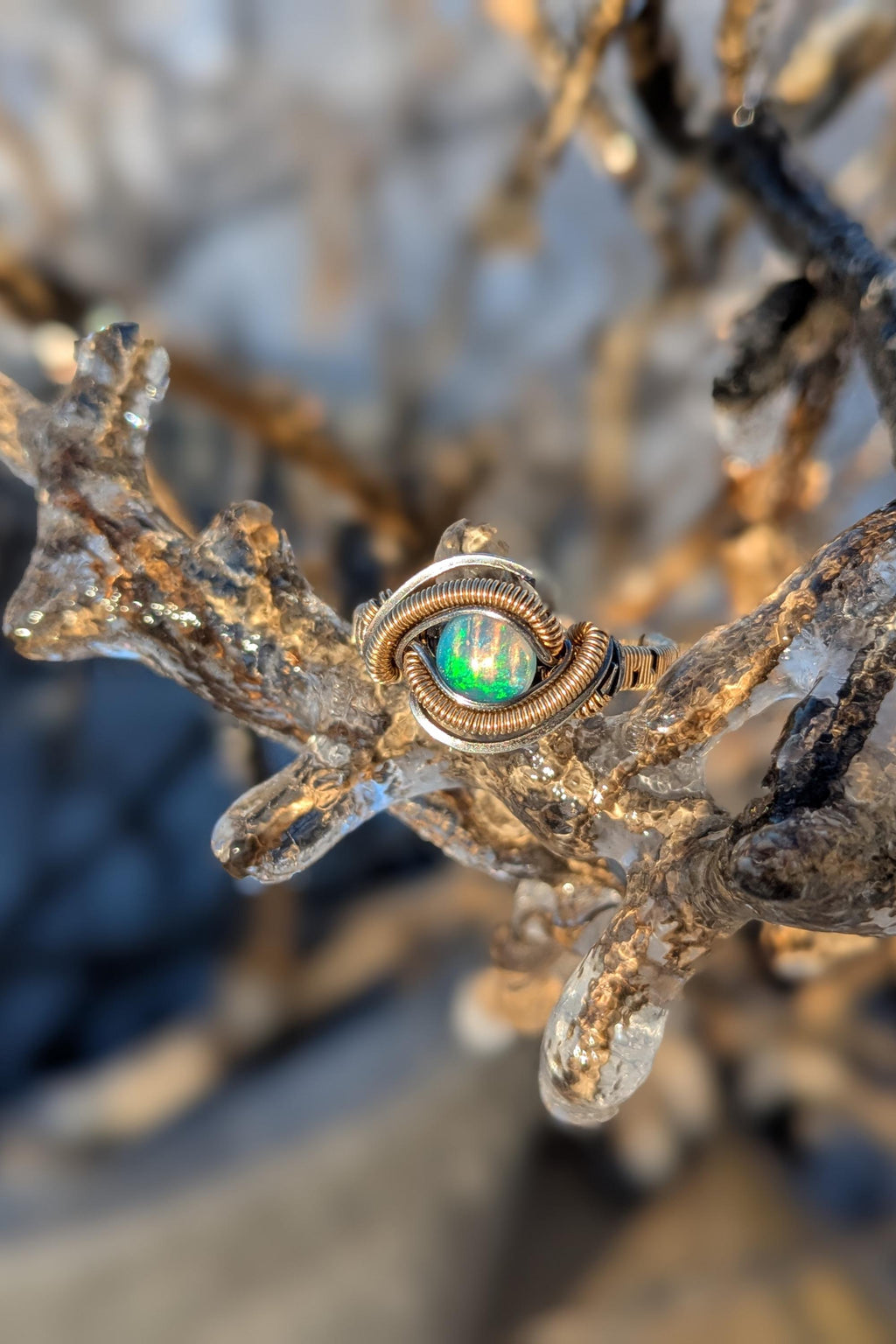 Handcrafted Opal Ring Wrapped in Gold Filled Wire and Sterling Silver Wire