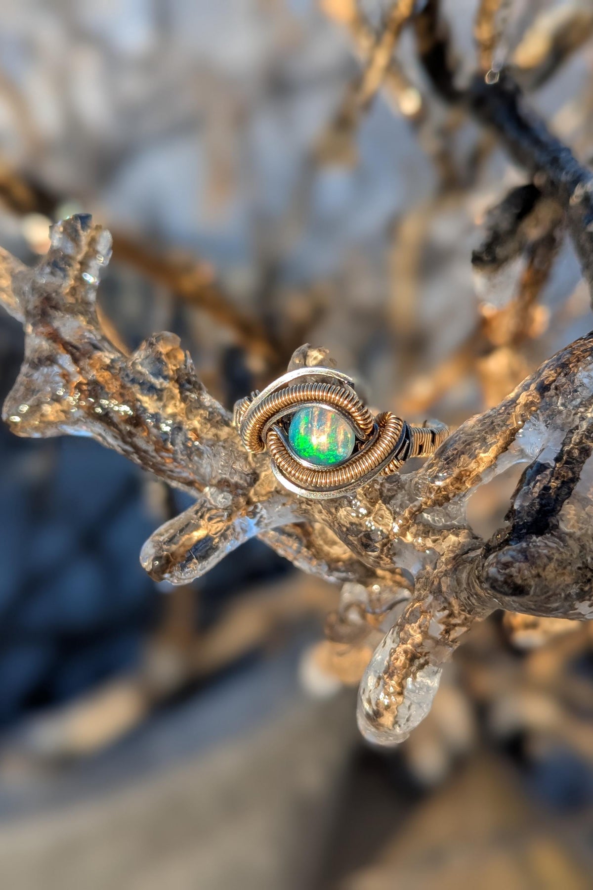 Handcrafted Opal Ring Wrapped in Gold Filled Wire and Sterling Silver Wire
