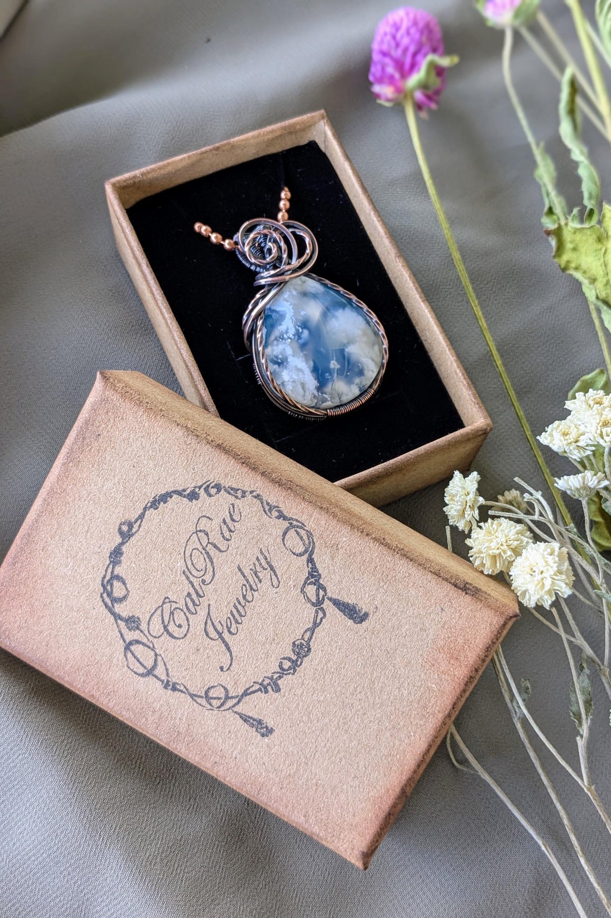 Sky Agate and Oxidized Copper Wire Wrapped Stone Pendant