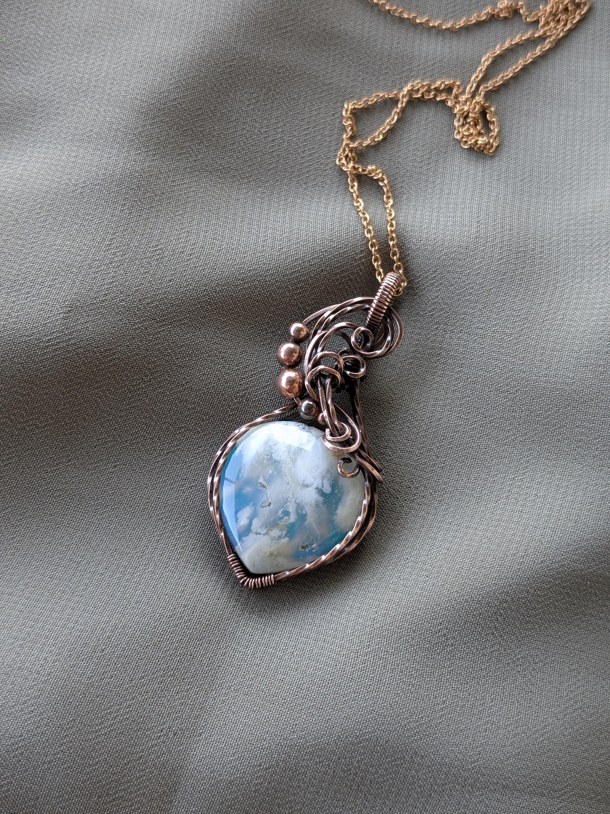 Copper Wire Wrapped Sky Agate Pendant