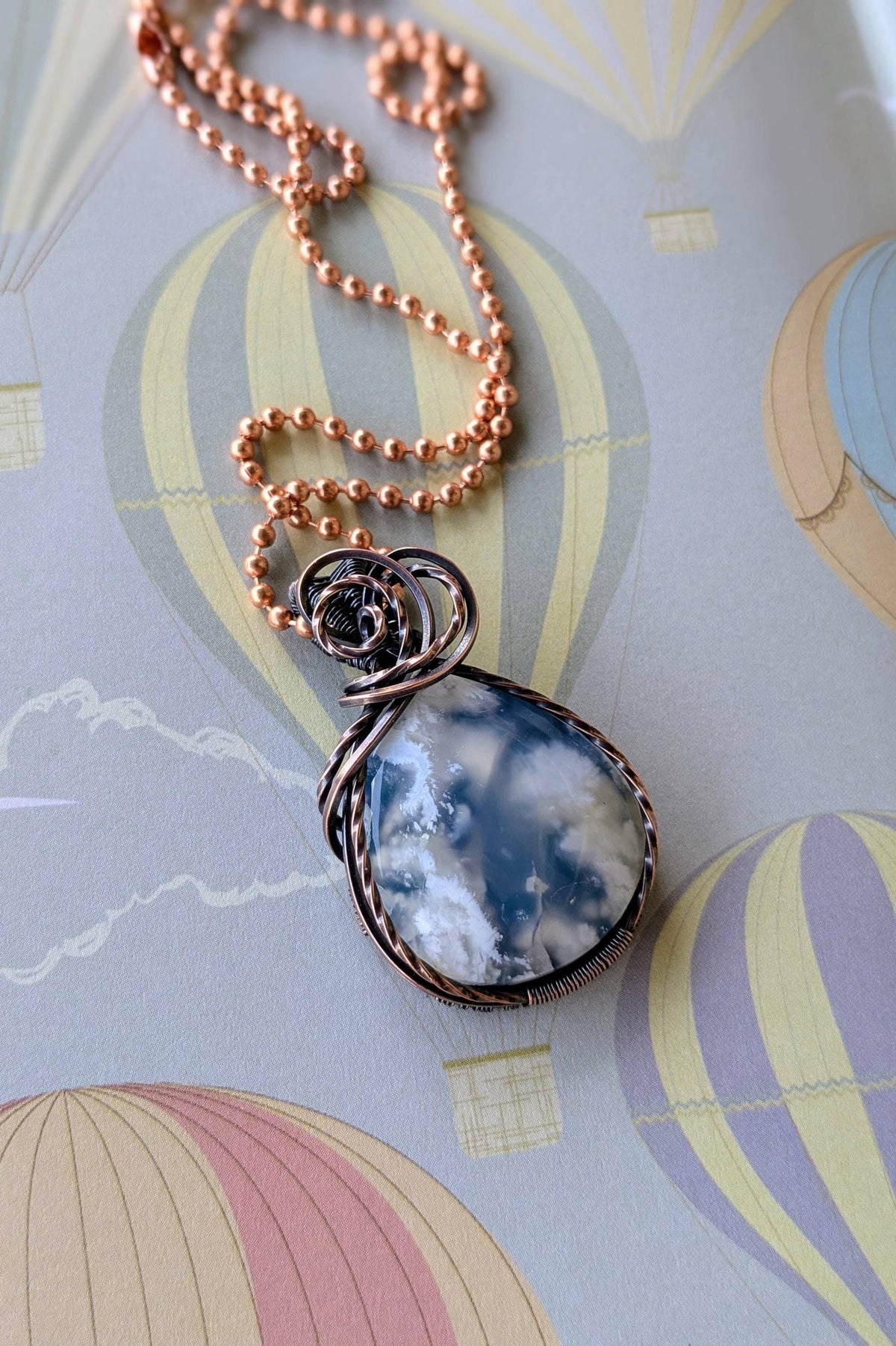 Sky Agate and Oxidized Copper Wire Wrapped Stone Pendant