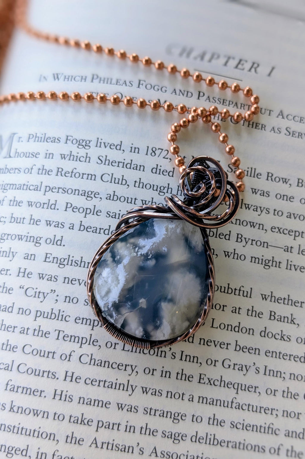 Sky Agate and Oxidized Copper Wire Wrapped Stone Pendant