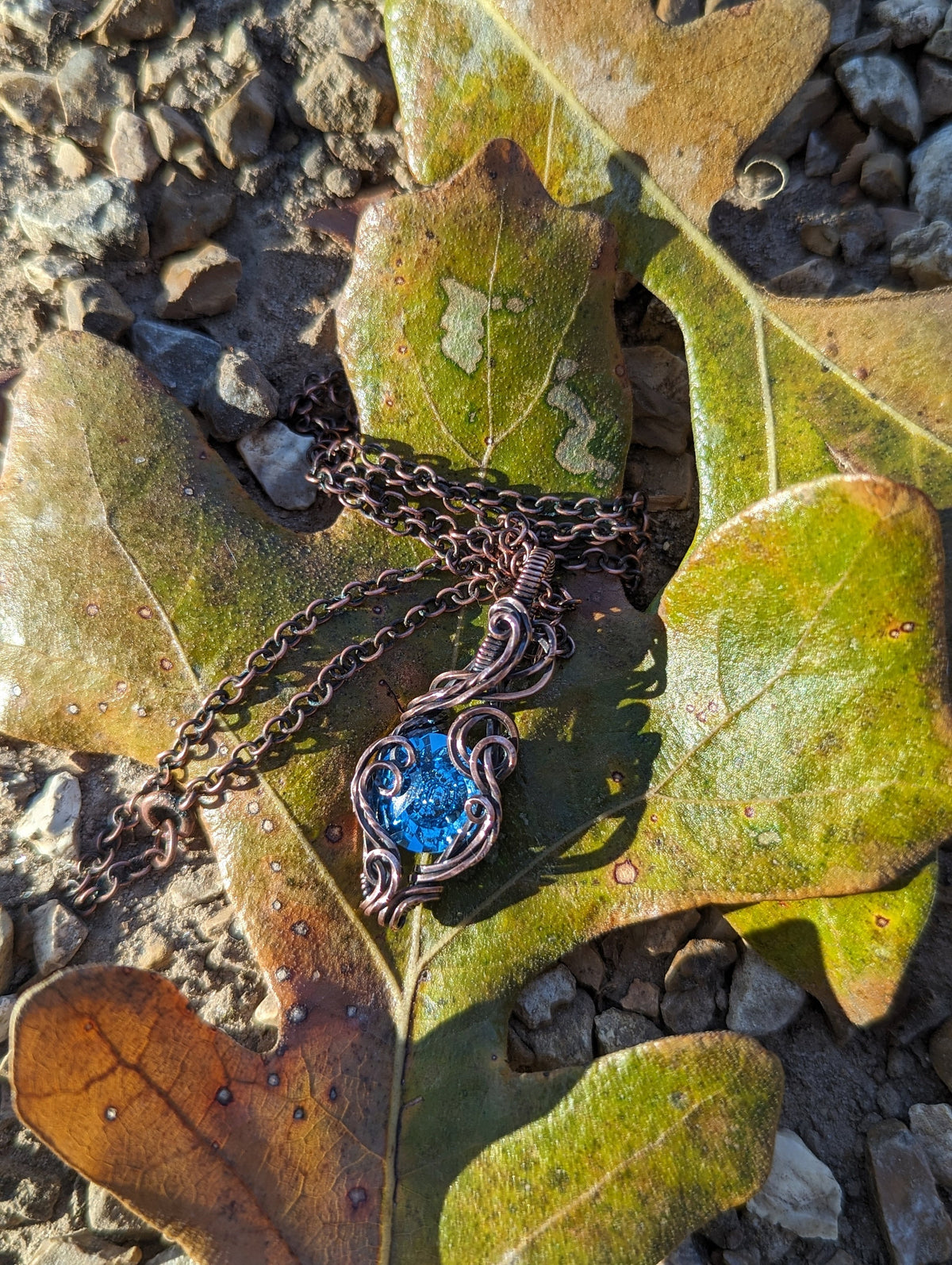 Blue Swarovski® Stone and Copper Wire Wrap Necklace