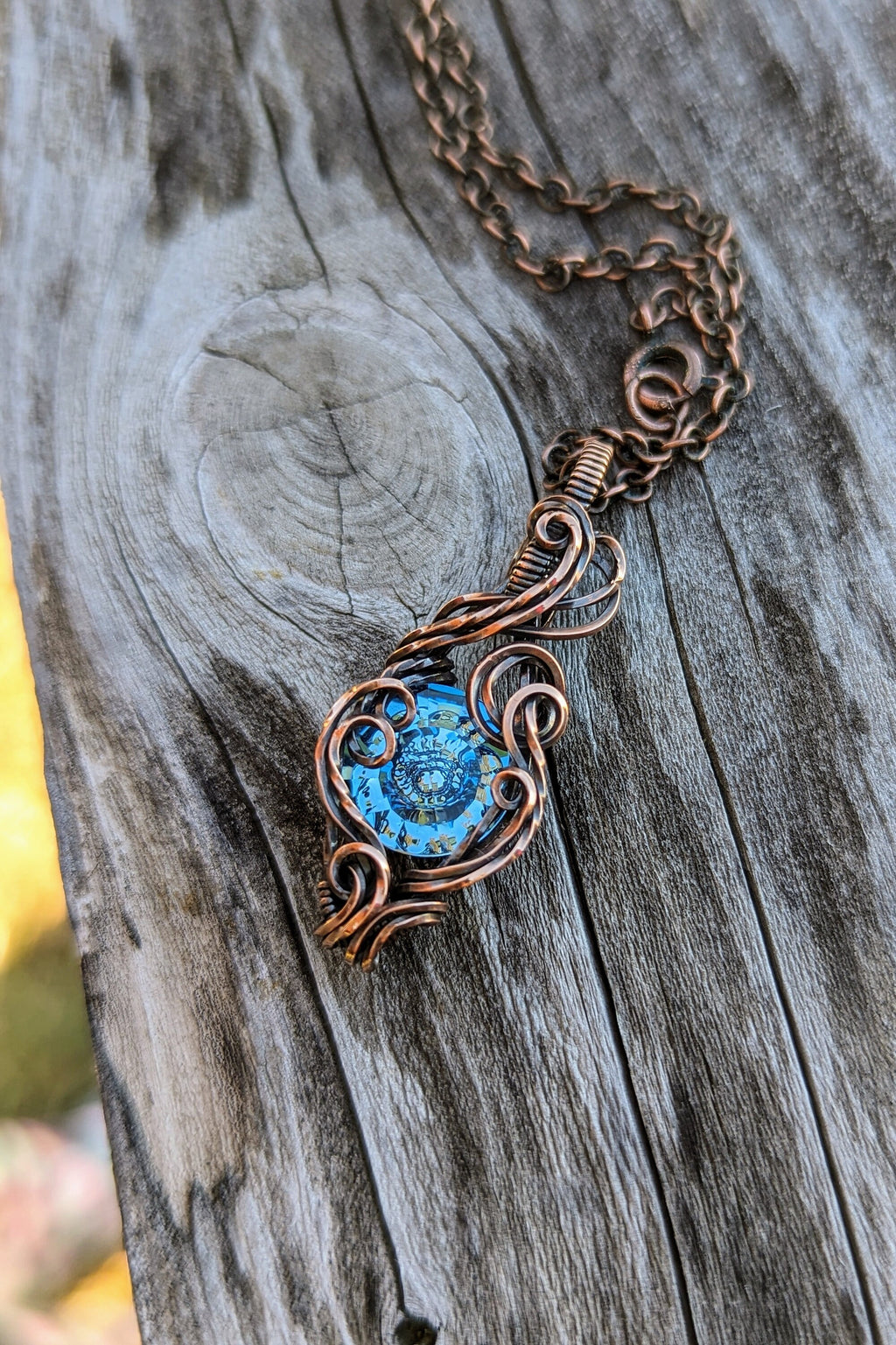 Blue Swarovski® Stone and Copper Wire Wrap Necklace