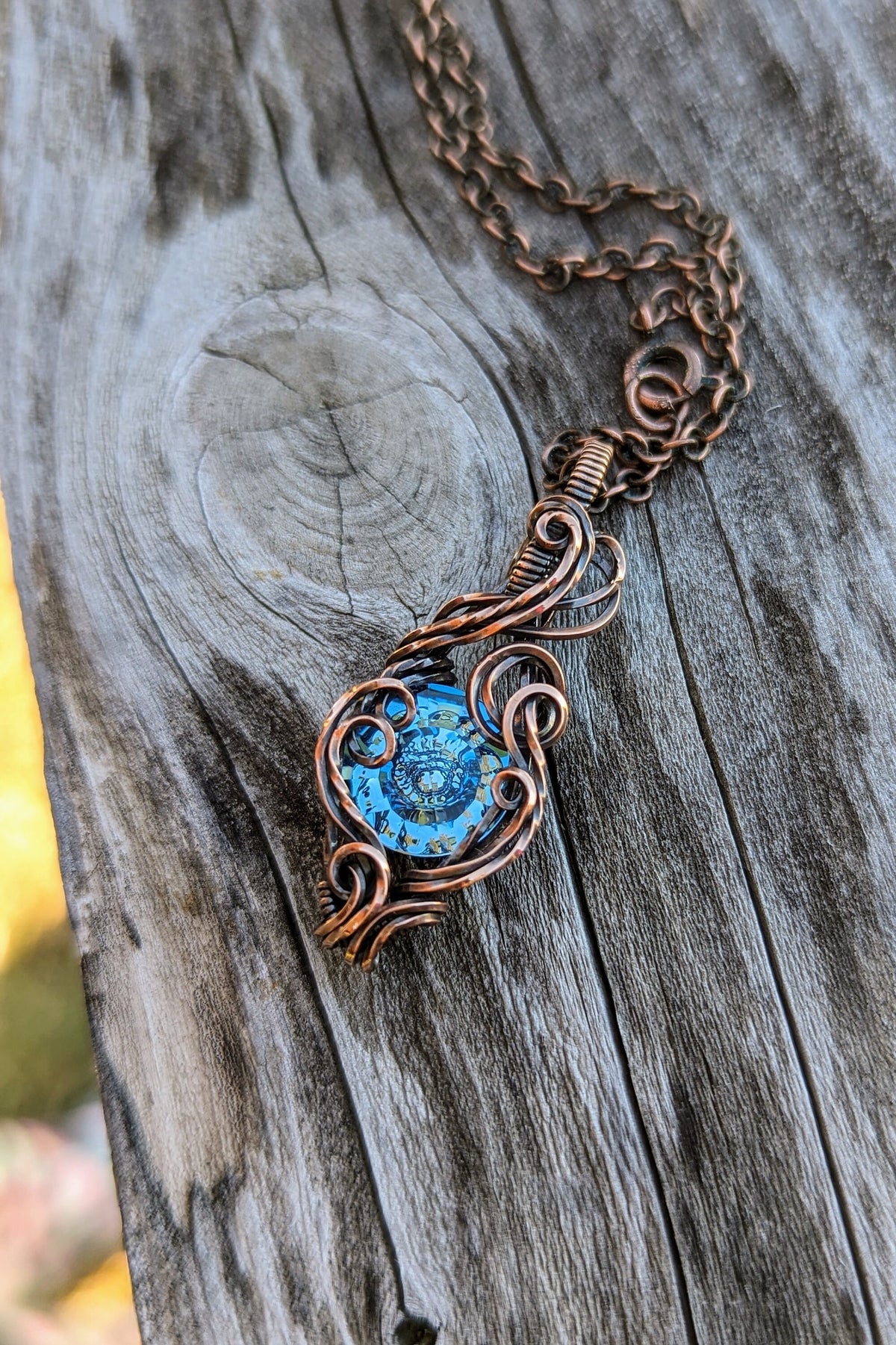Blue Swarovski® Stone and Copper Wire Wrap Necklace