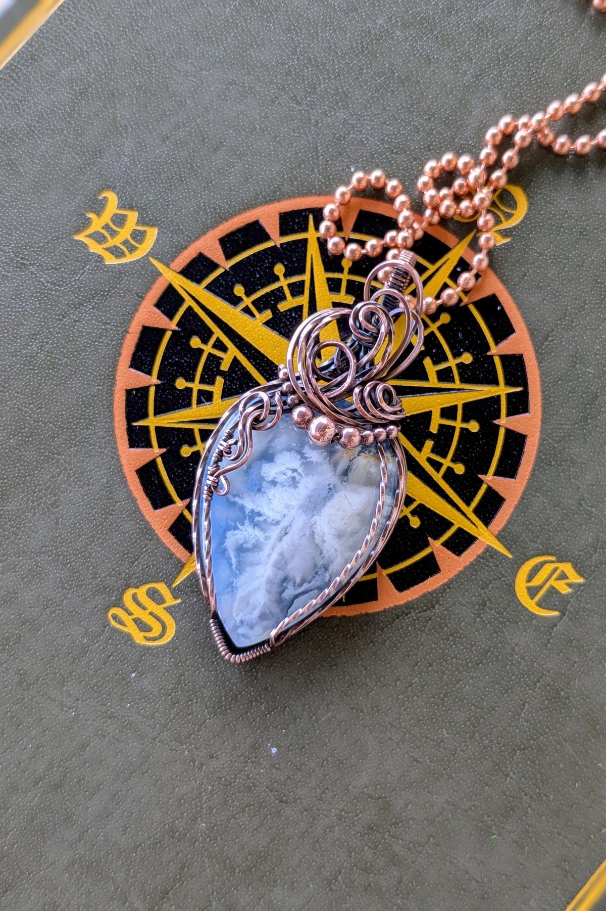 Raw Copper Wire Wrapped Stone Pendant, Oxidized Finish