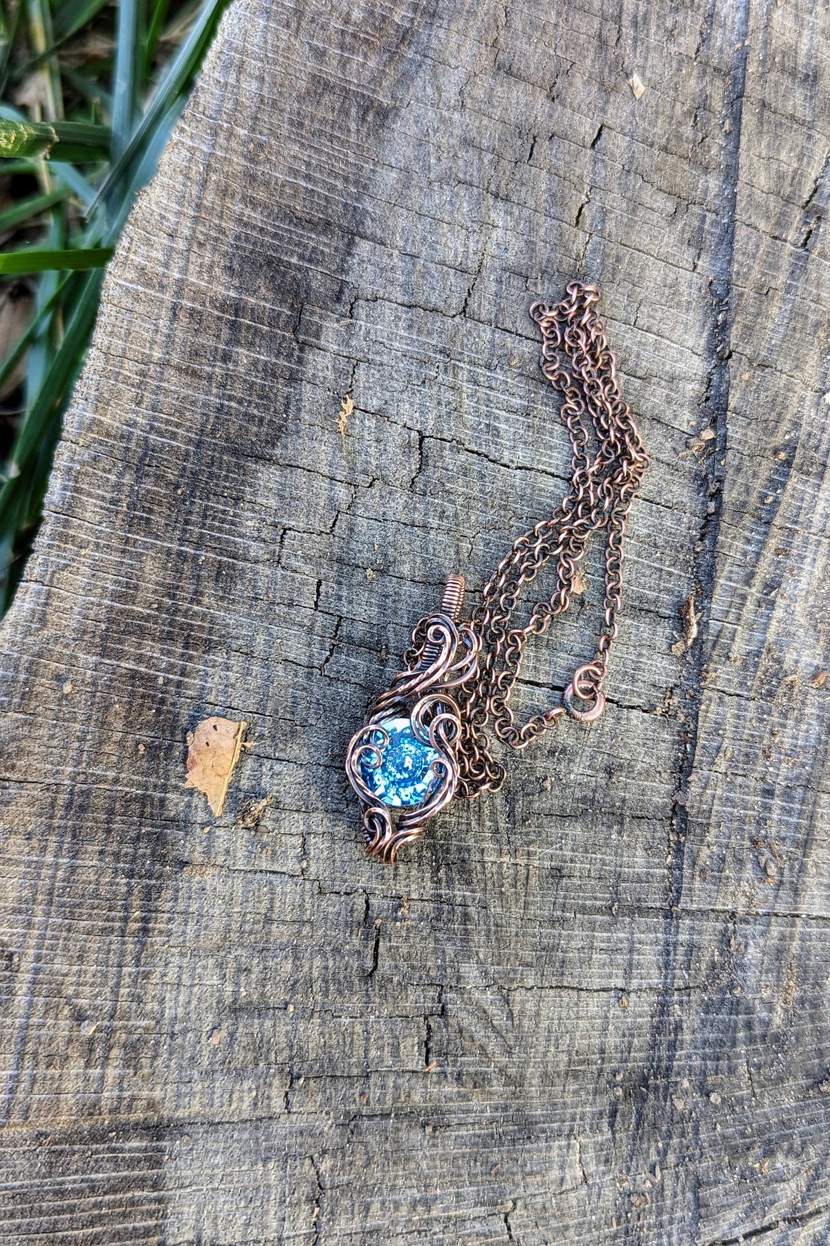 Blue Swarovski® Stone and Copper Wire Wrap Necklace