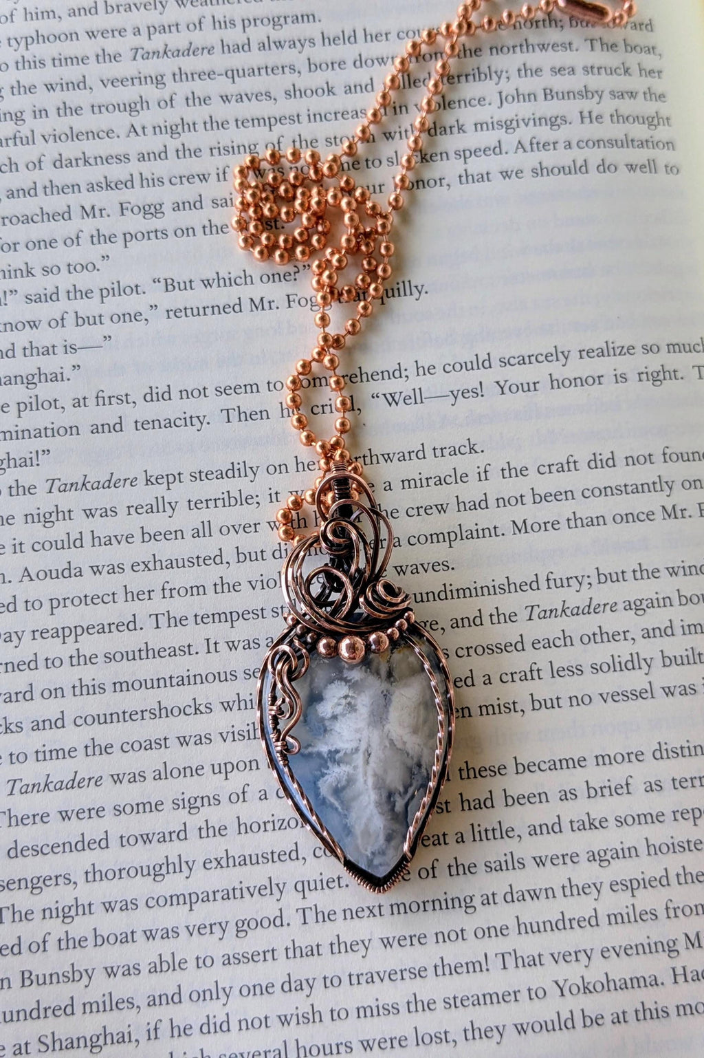 Raw Copper Wire Wrapped Stone Pendant, Oxidized Finish