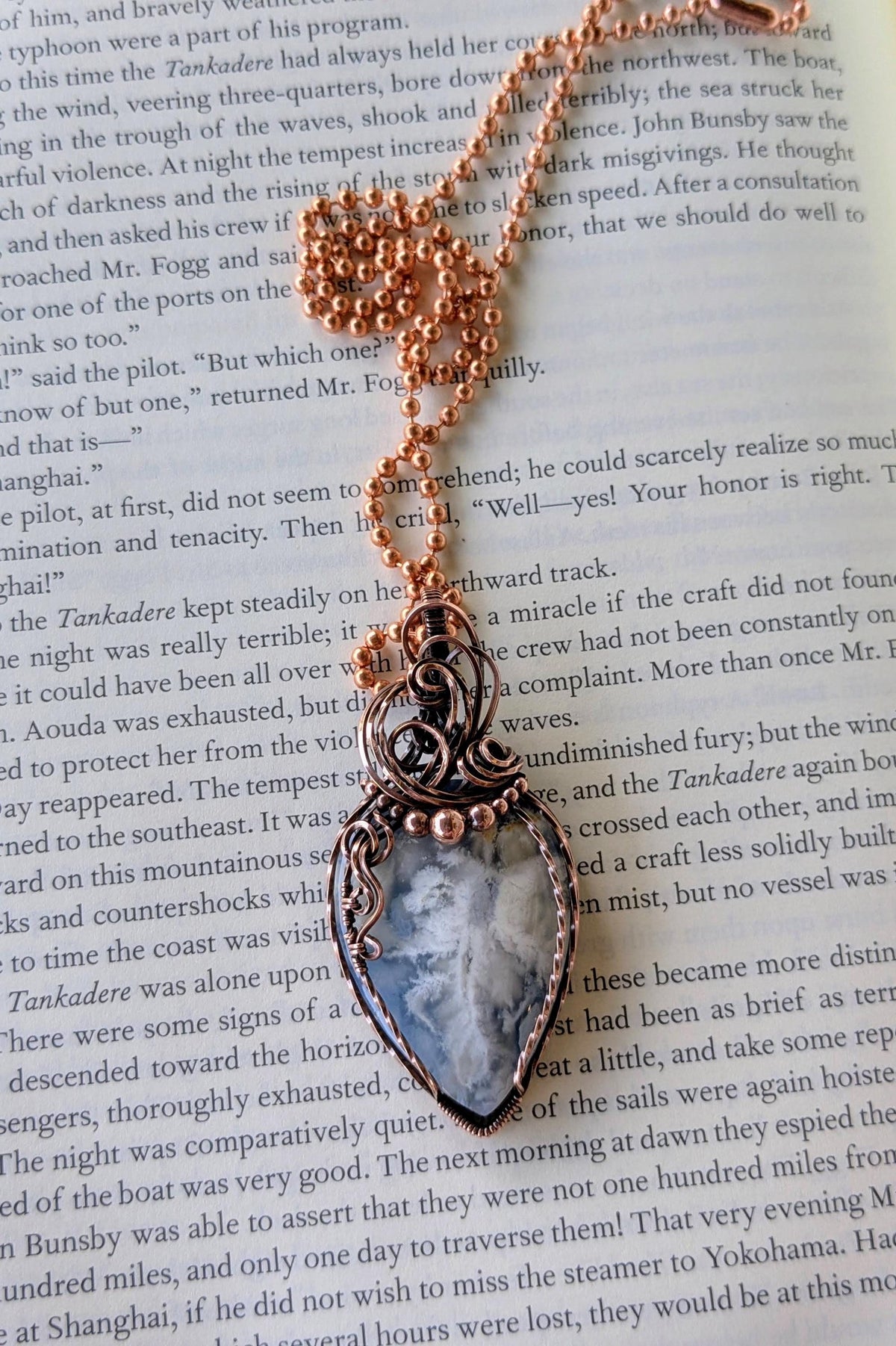 Raw Copper Wire Wrapped Stone Pendant, Oxidized Finish