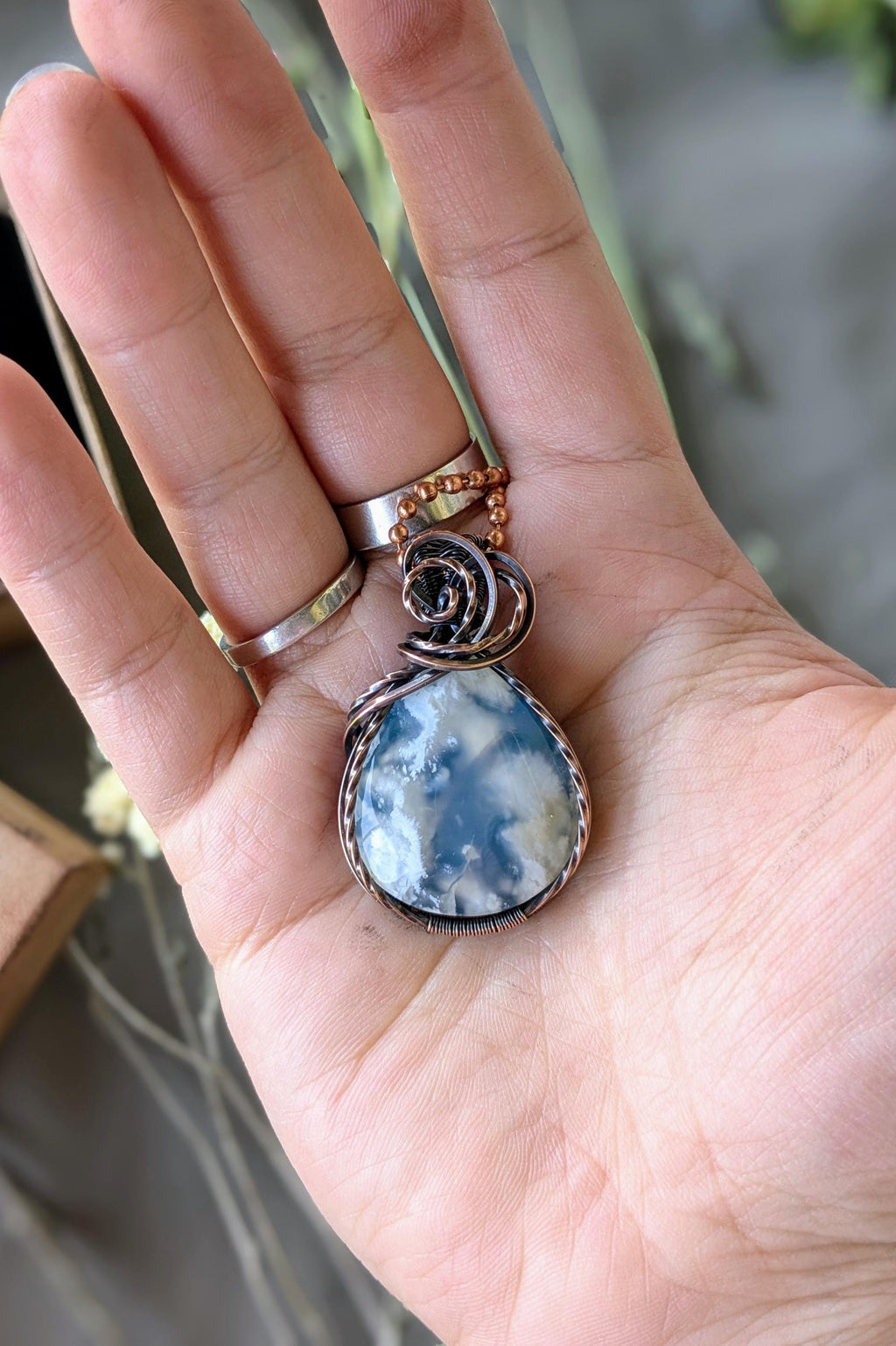 Sky Agate and Oxidized Copper Wire Wrapped Stone Pendant