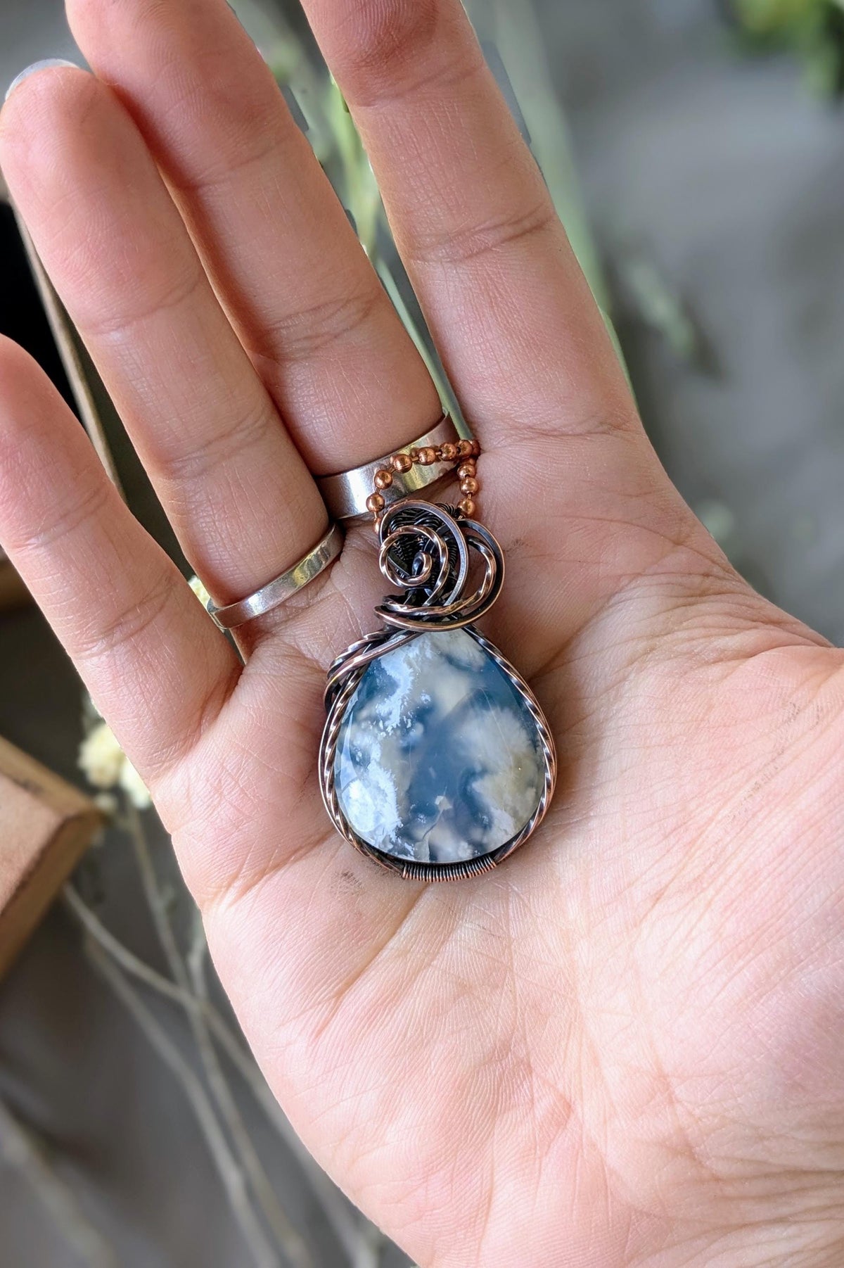 Sky Agate and Oxidized Copper Wire Wrapped Stone Pendant