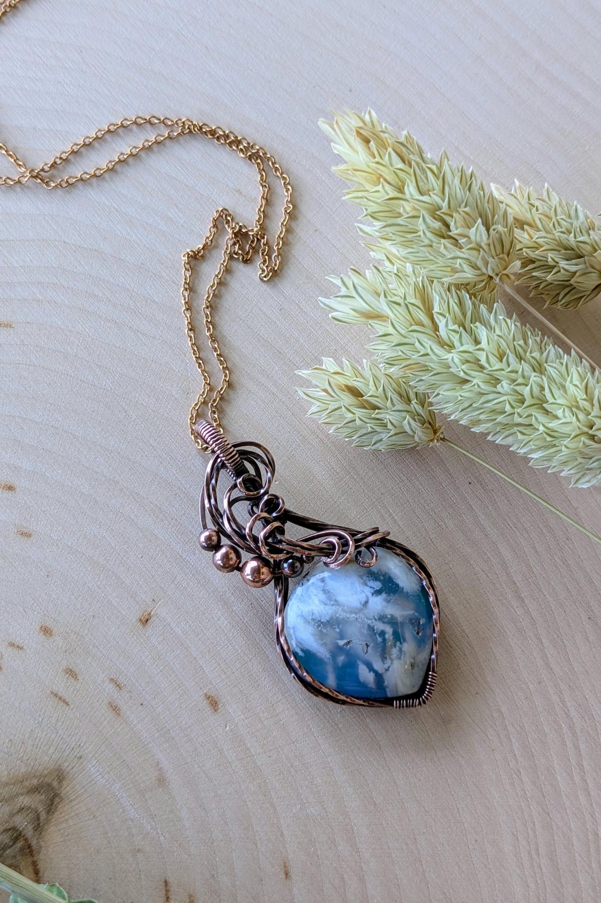 Copper Wire Wrapped Sky Agate Pendant