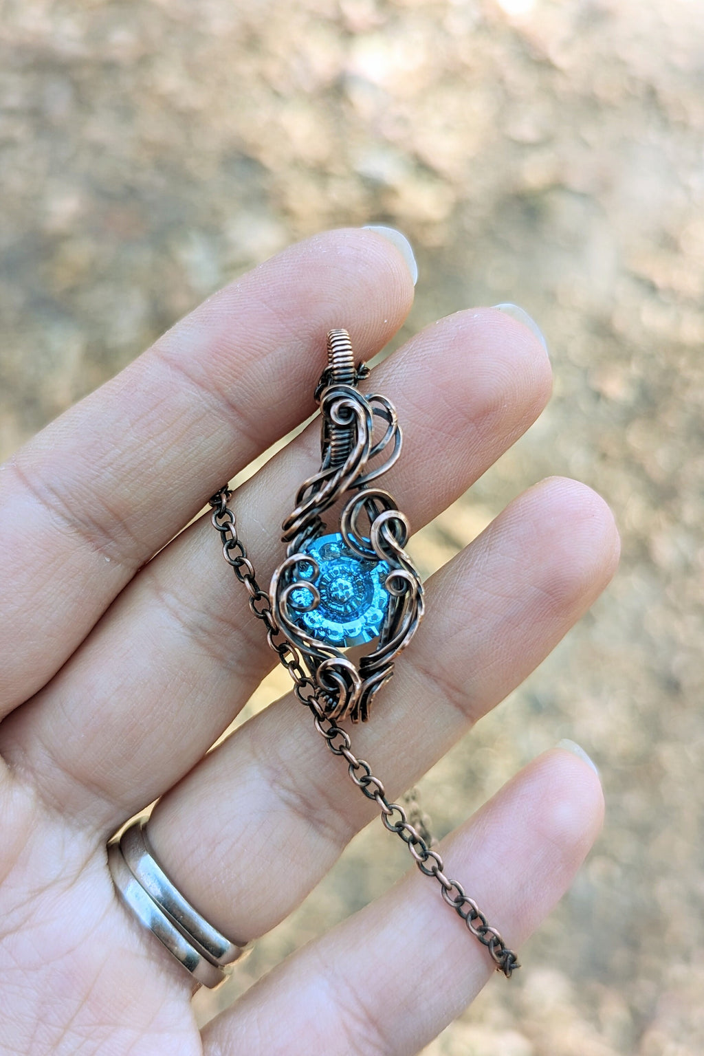 Blue Swarovski® Stone and Copper Wire Wrap Necklace