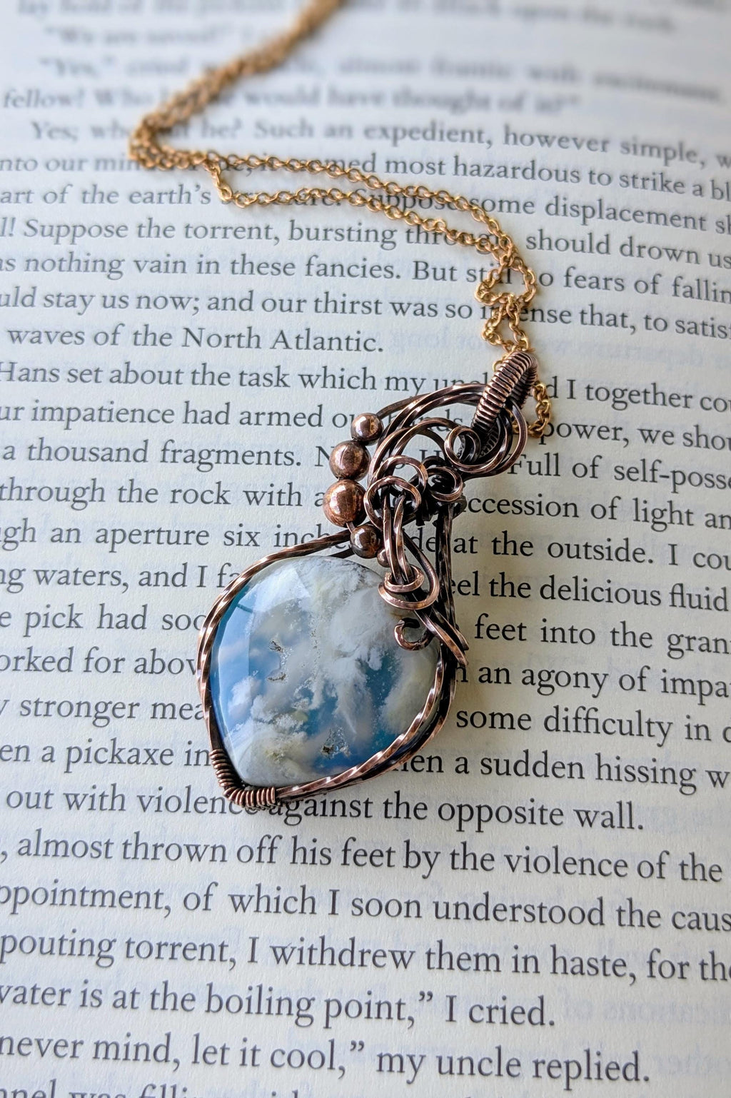 Copper Wire Wrapped Sky Agate Pendant