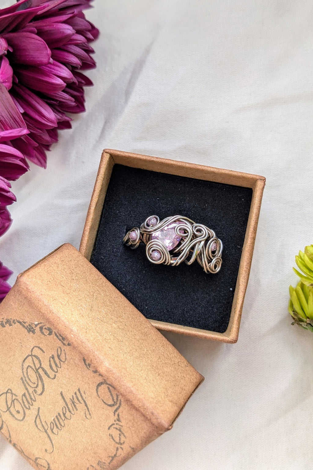 Pink Cubic Zirconia and Silver Filled Wire Wrap Ring