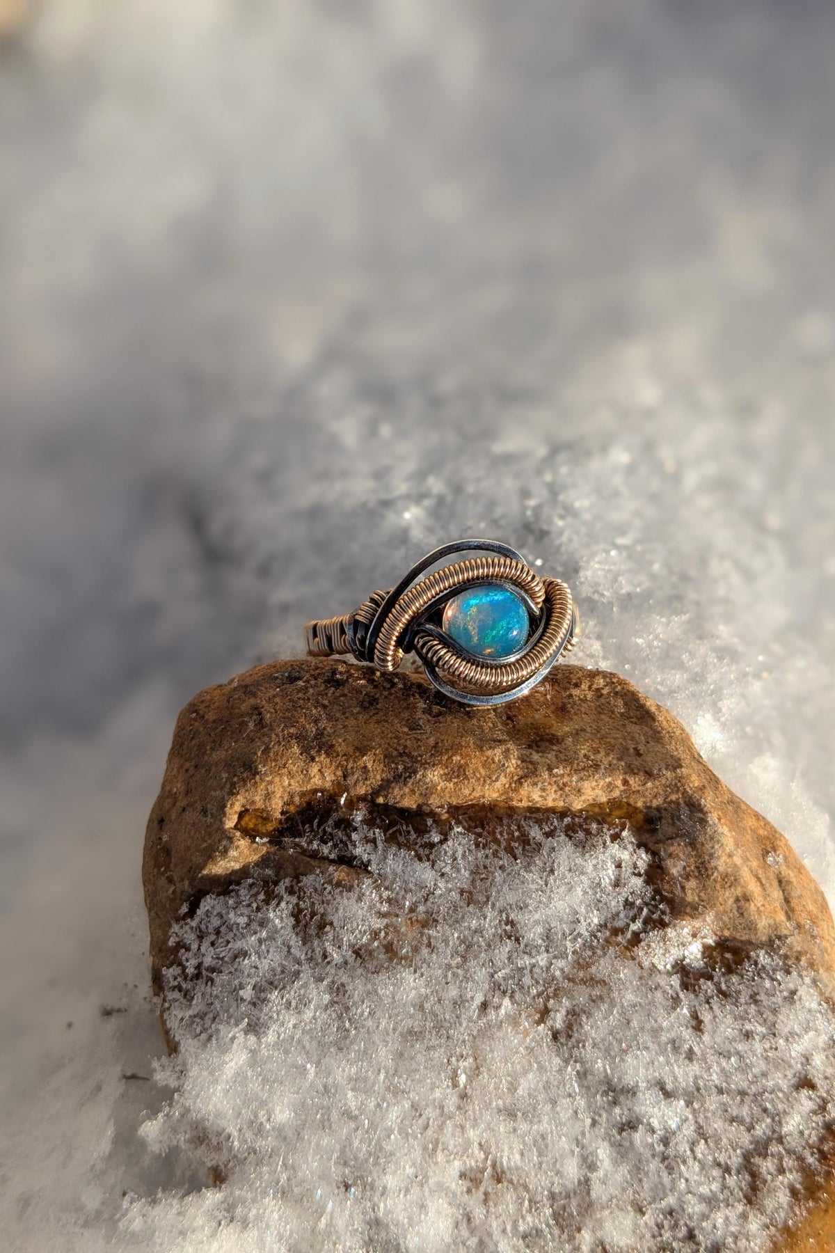 Handcrafted Opal Ring Wrapped in Gold Filled Wire and Sterling Silver Wire
