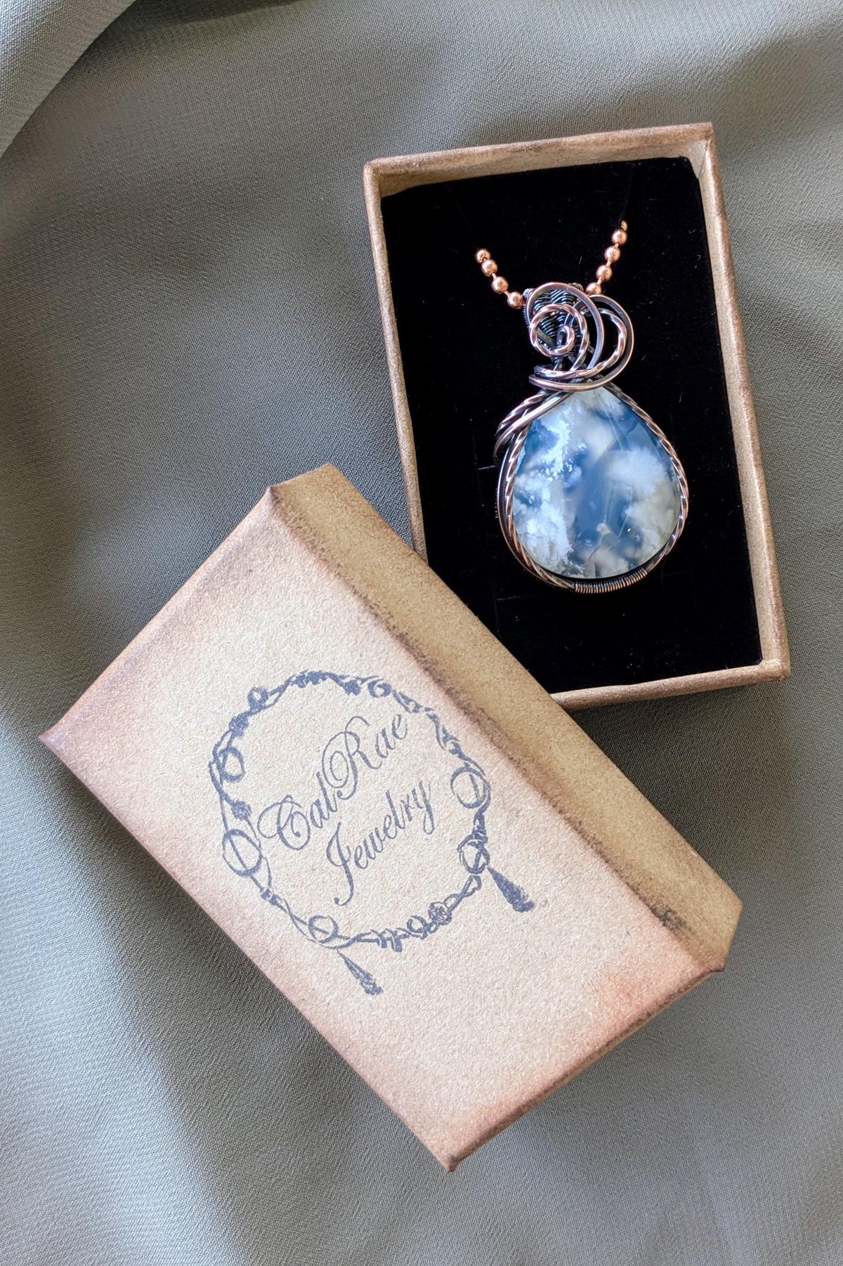 Sky Agate and Oxidized Copper Wire Wrapped Stone Pendant