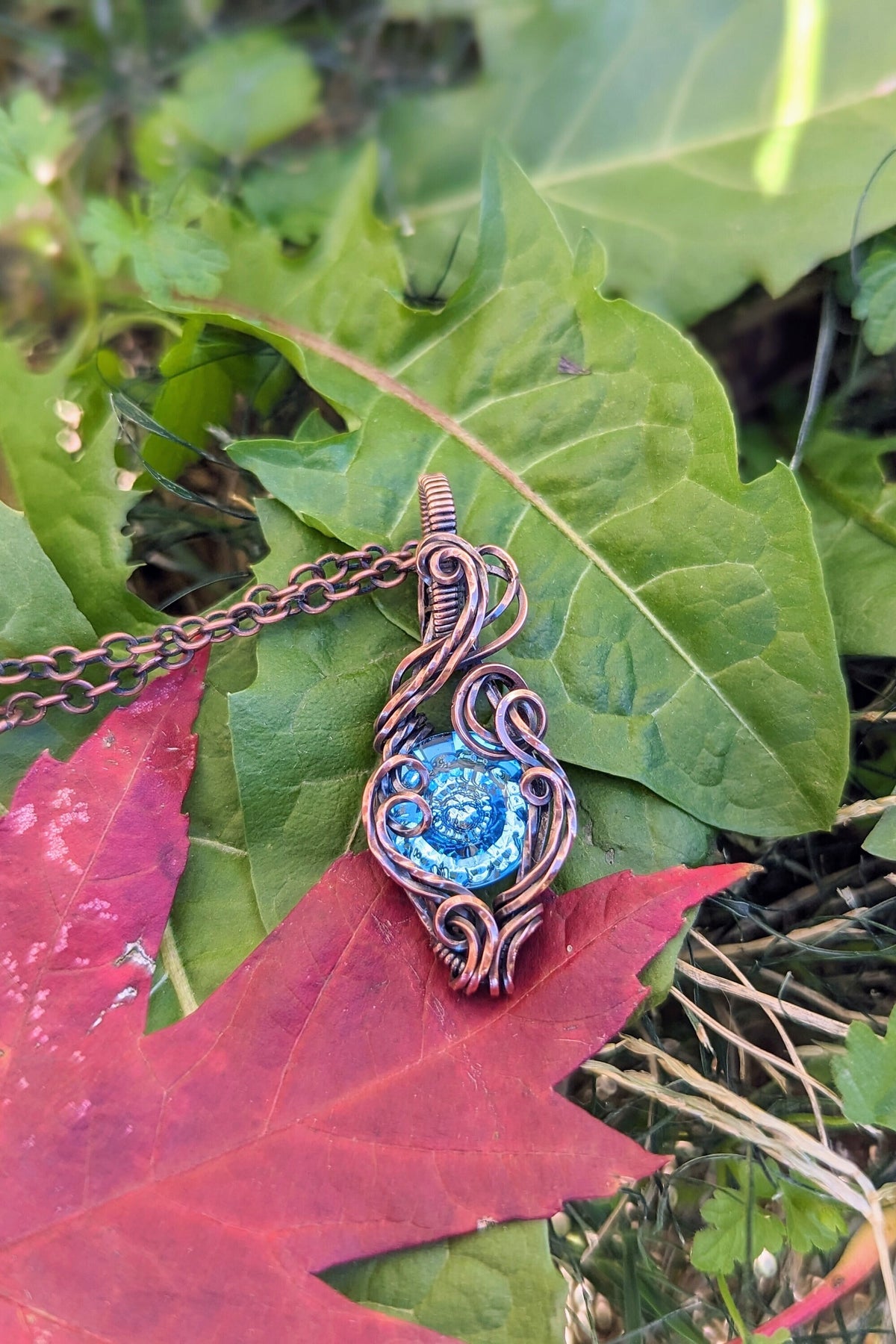 Blue Swarovski® Stone and Copper Wire Wrap Necklace