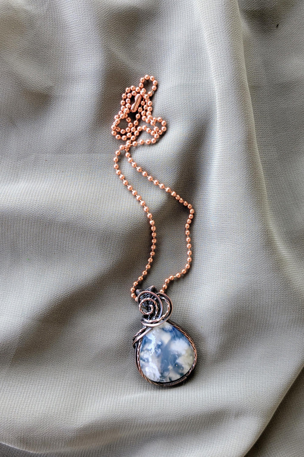 Sky Agate and Oxidized Copper Wire Wrapped Stone Pendant