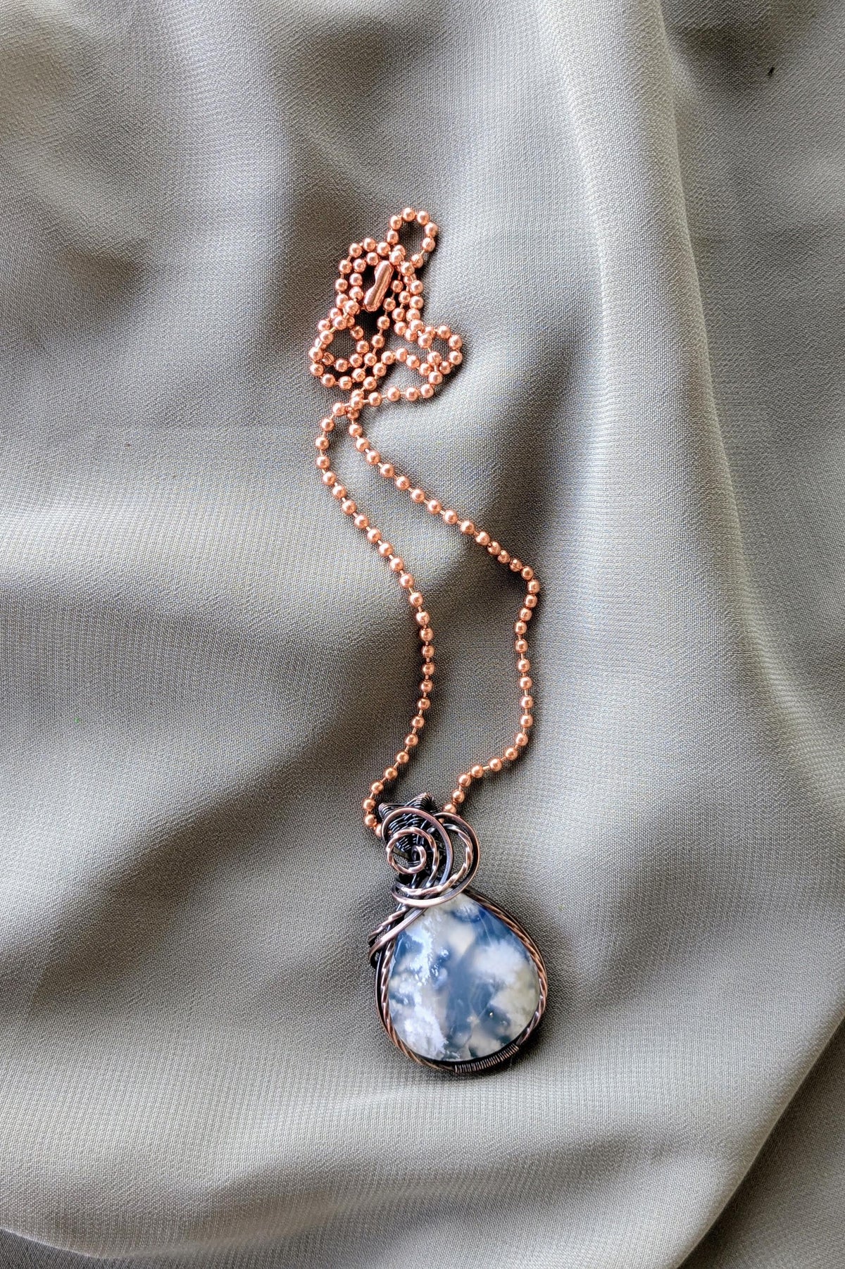Sky Agate and Oxidized Copper Wire Wrapped Stone Pendant