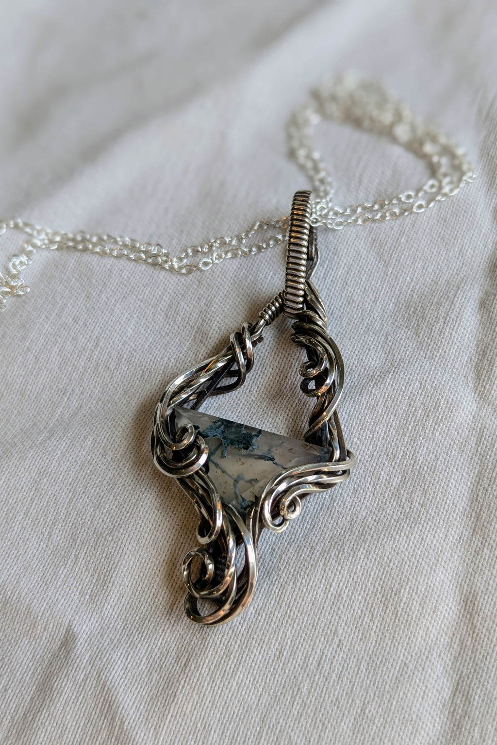 Moss Agate and Sterling Silver Vine Pendant