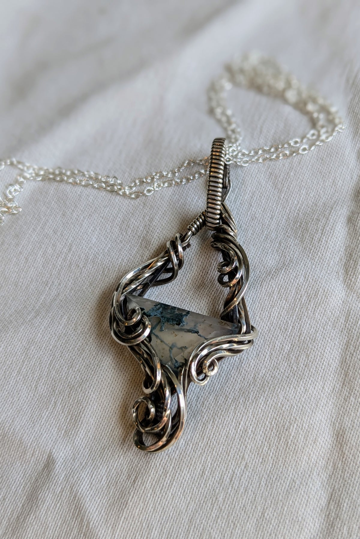 Moss Agate and Sterling Silver Vine Pendant