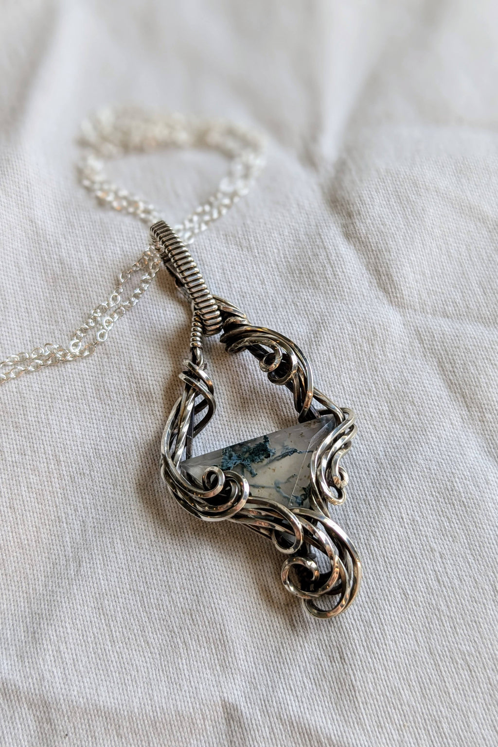 Moss Agate and Sterling Silver Vine Pendant