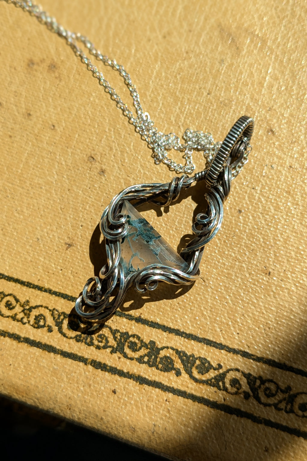 Moss Agate and Sterling Silver Vine Pendant