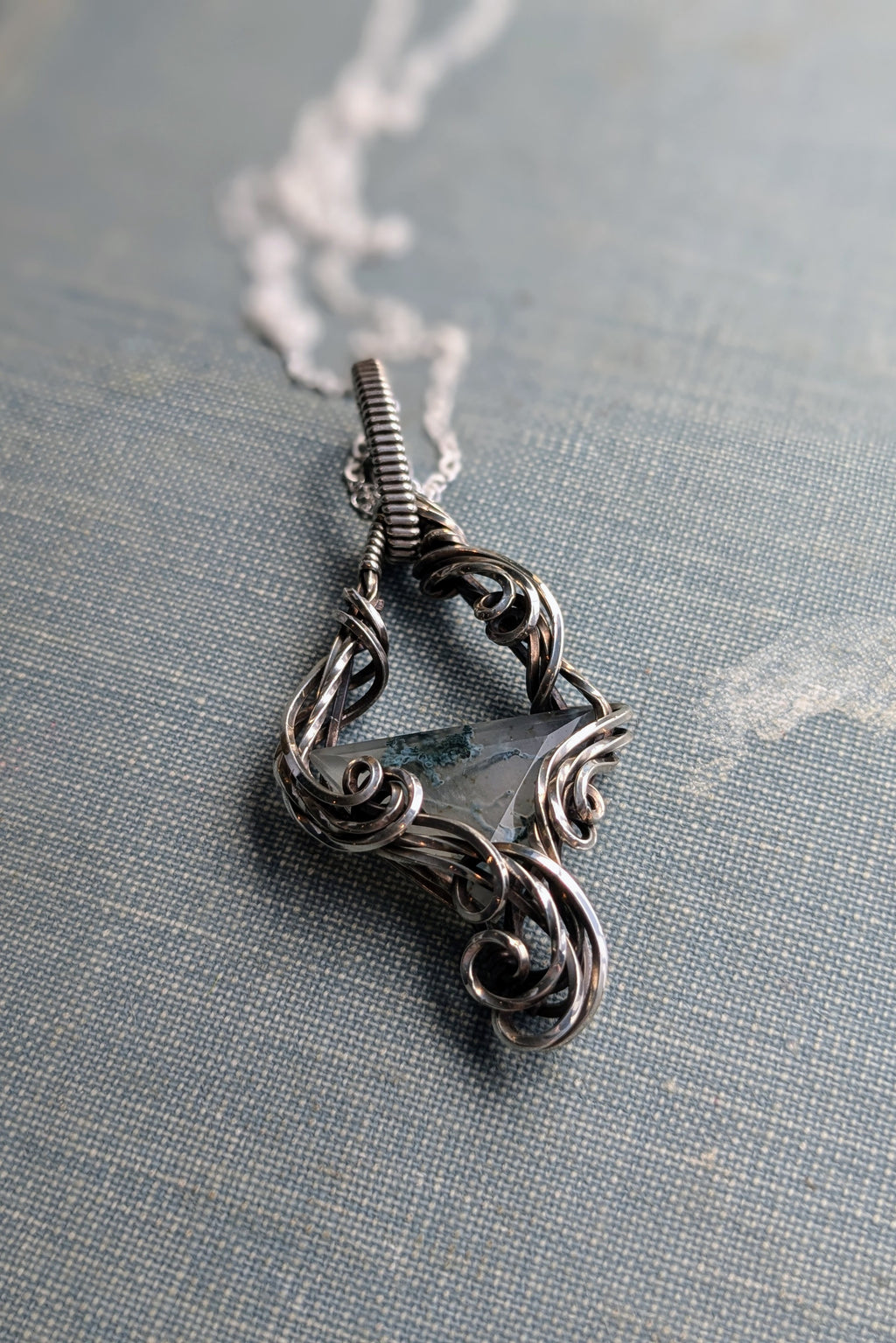Moss Agate and Sterling Silver Vine Pendant